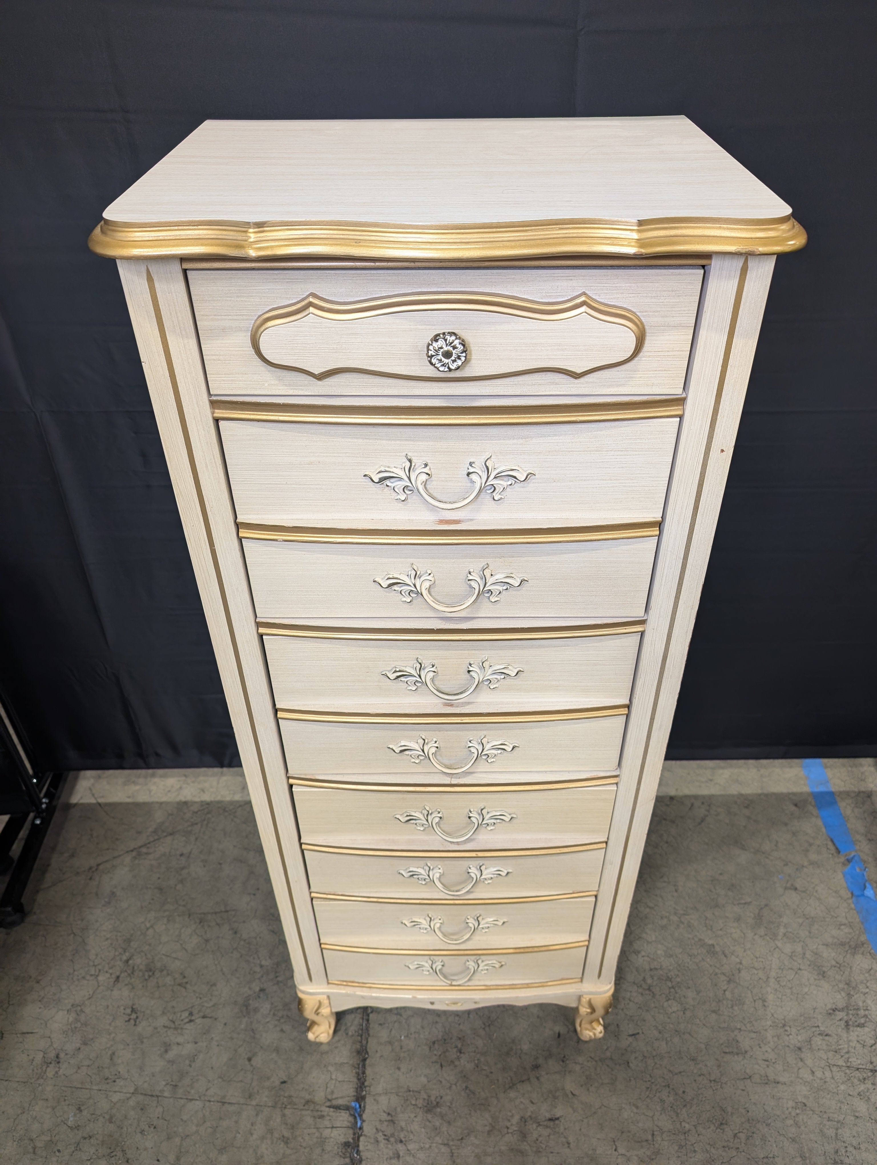 Vintage French Provincial Tall Chest of Drawers, Cream and Gilt Accents