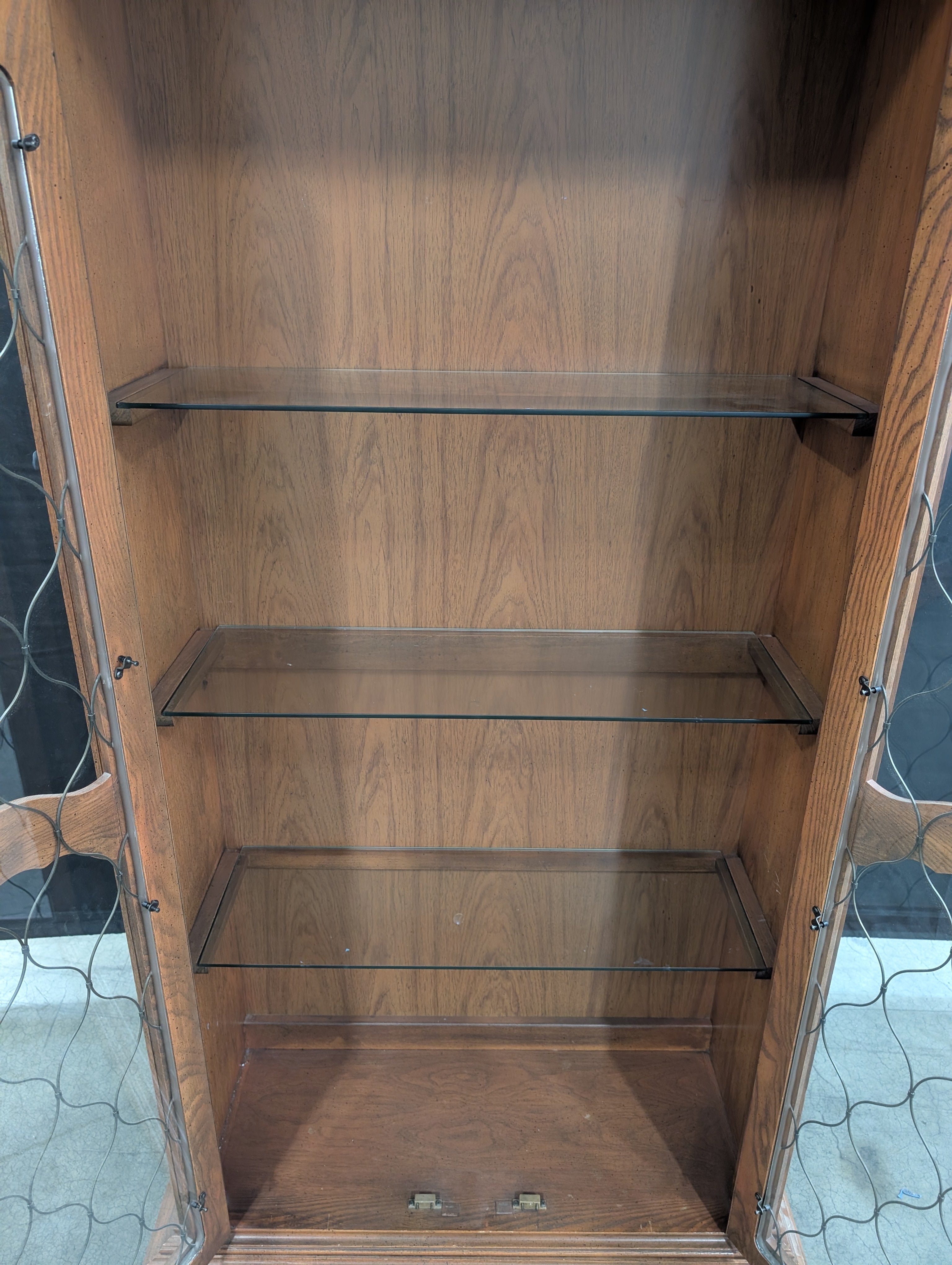 Ornate Wood Display Cabinet with Leaded Glass Doors