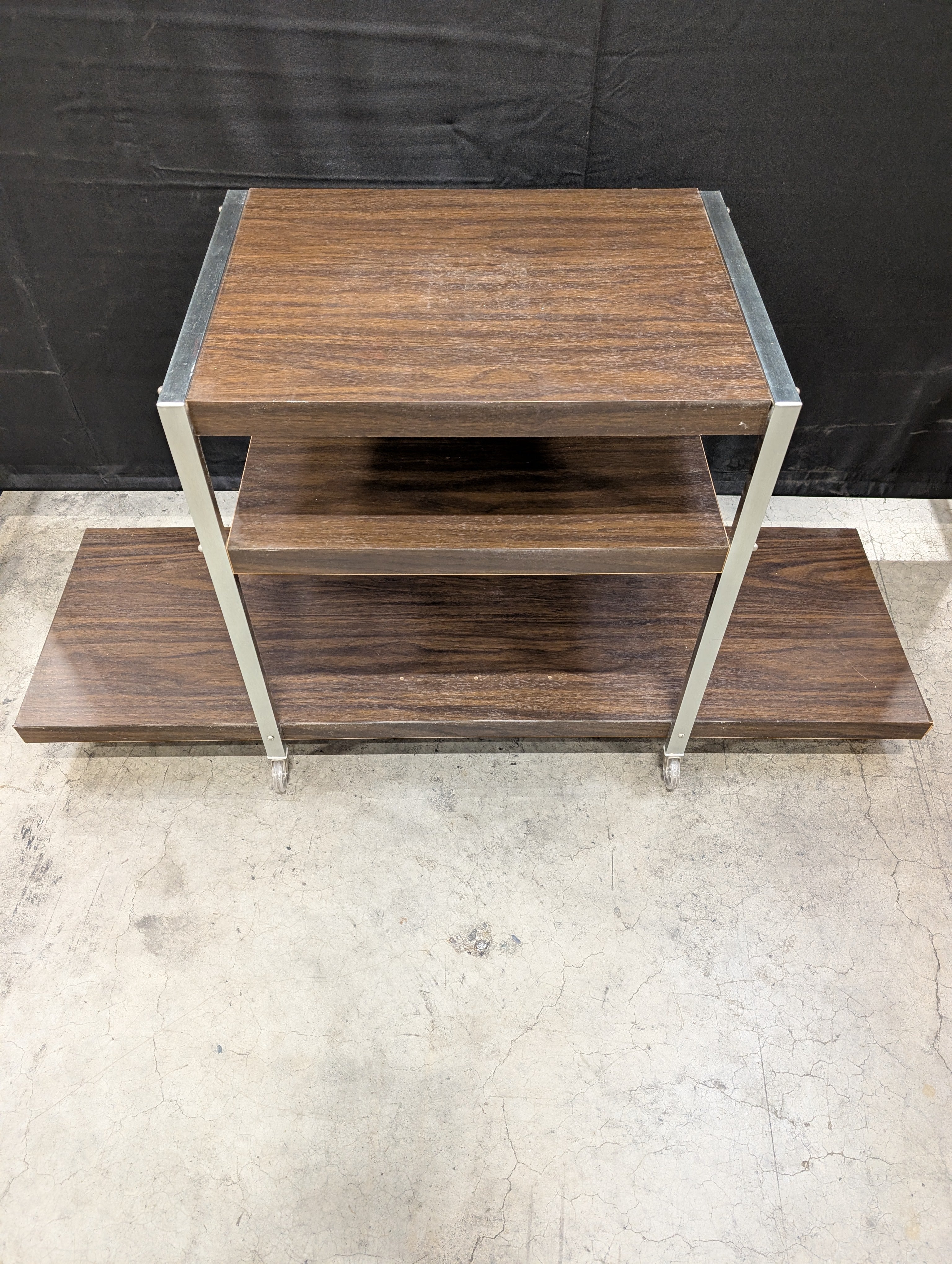 Vintage Three-Tiered Rolling Storage Cart with Dark Wood Finish