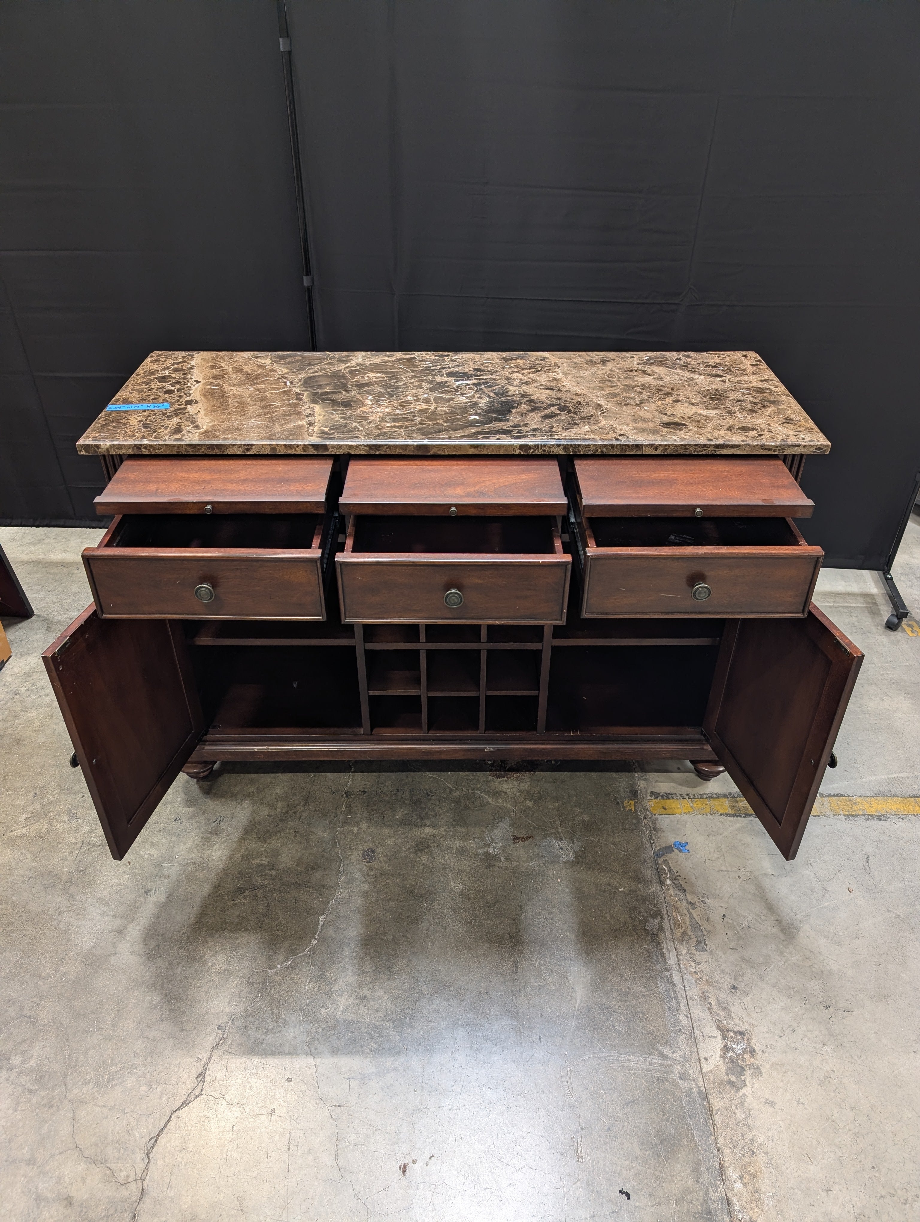 Dark Wood FLEXSTEEL Buffet Cabinet with Stone Top and Wine Storage
