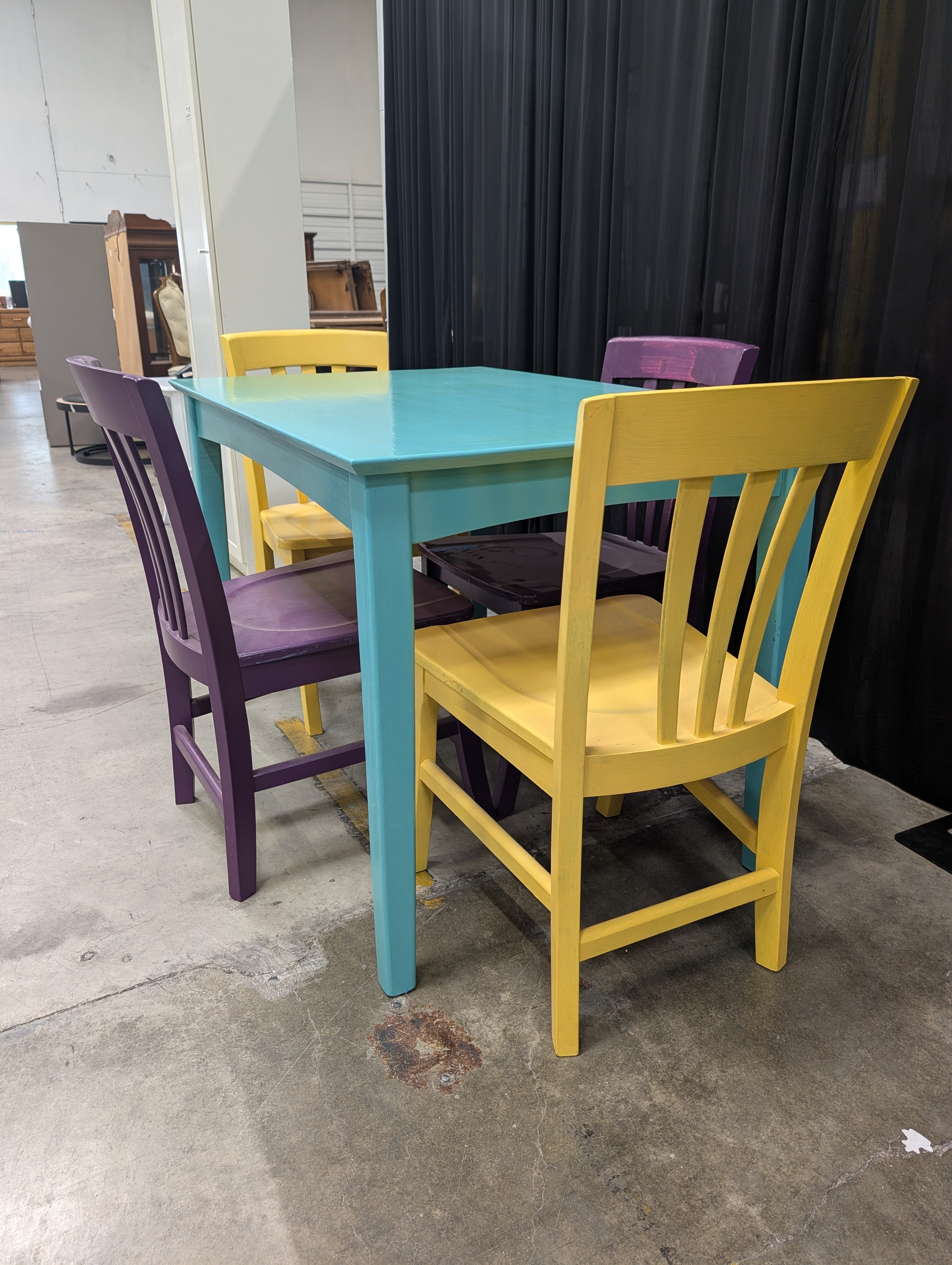 Vibrant Painted Wood Dining Table and Chairs
