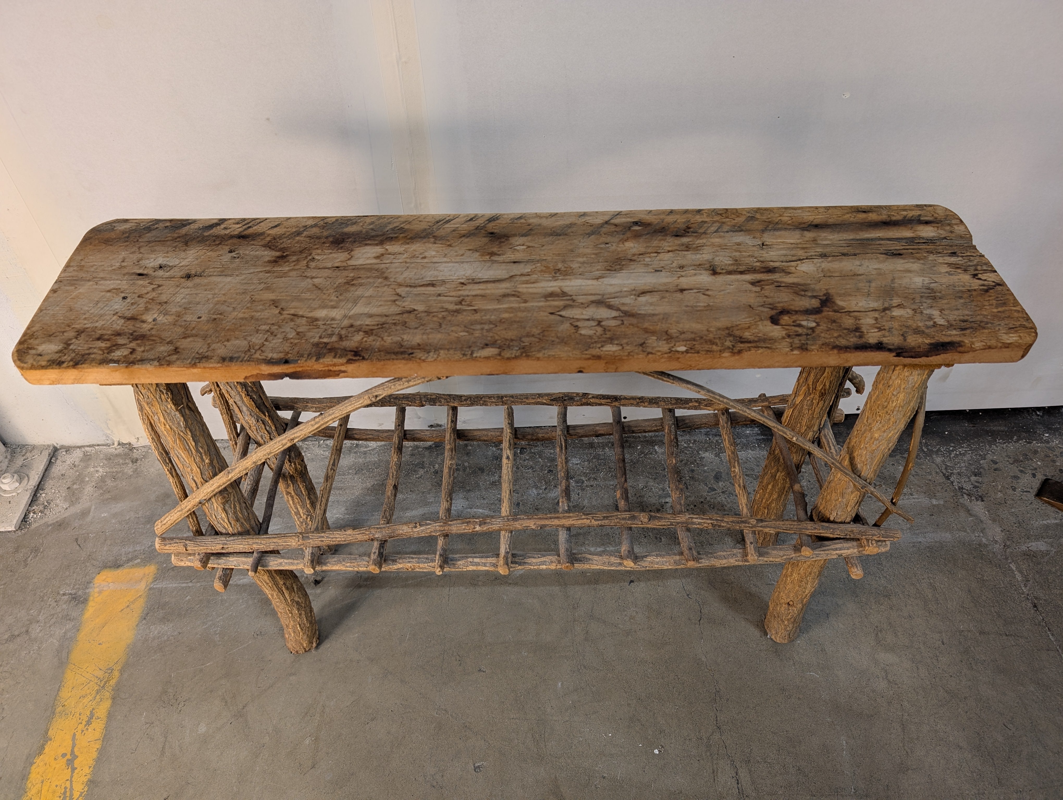 Rustic Natural Wood Plank Console Table with Twig Base