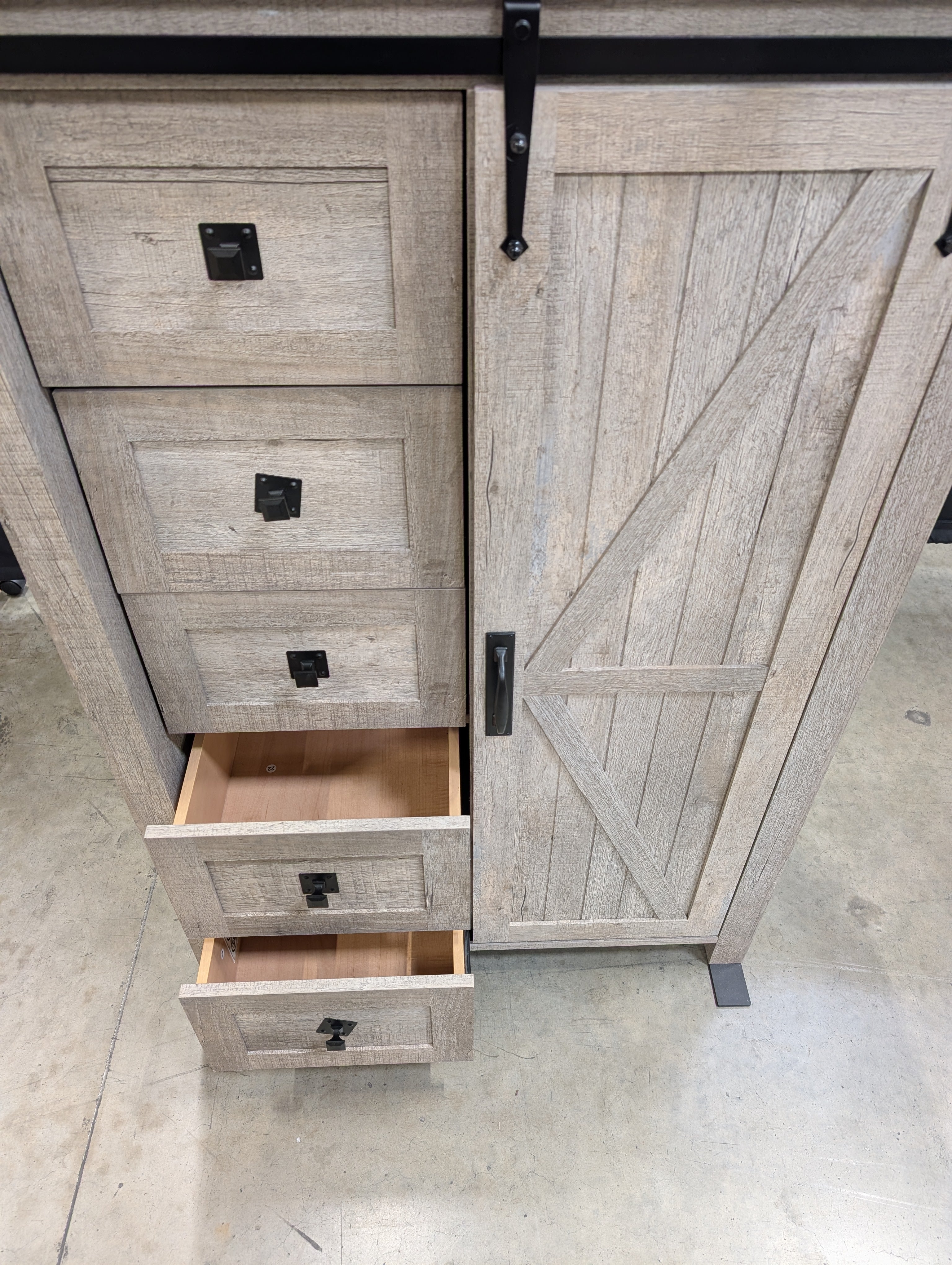 Rustic Light Brown Wood Storage Cabinet | 5 Drawers & Sliding Barn Door