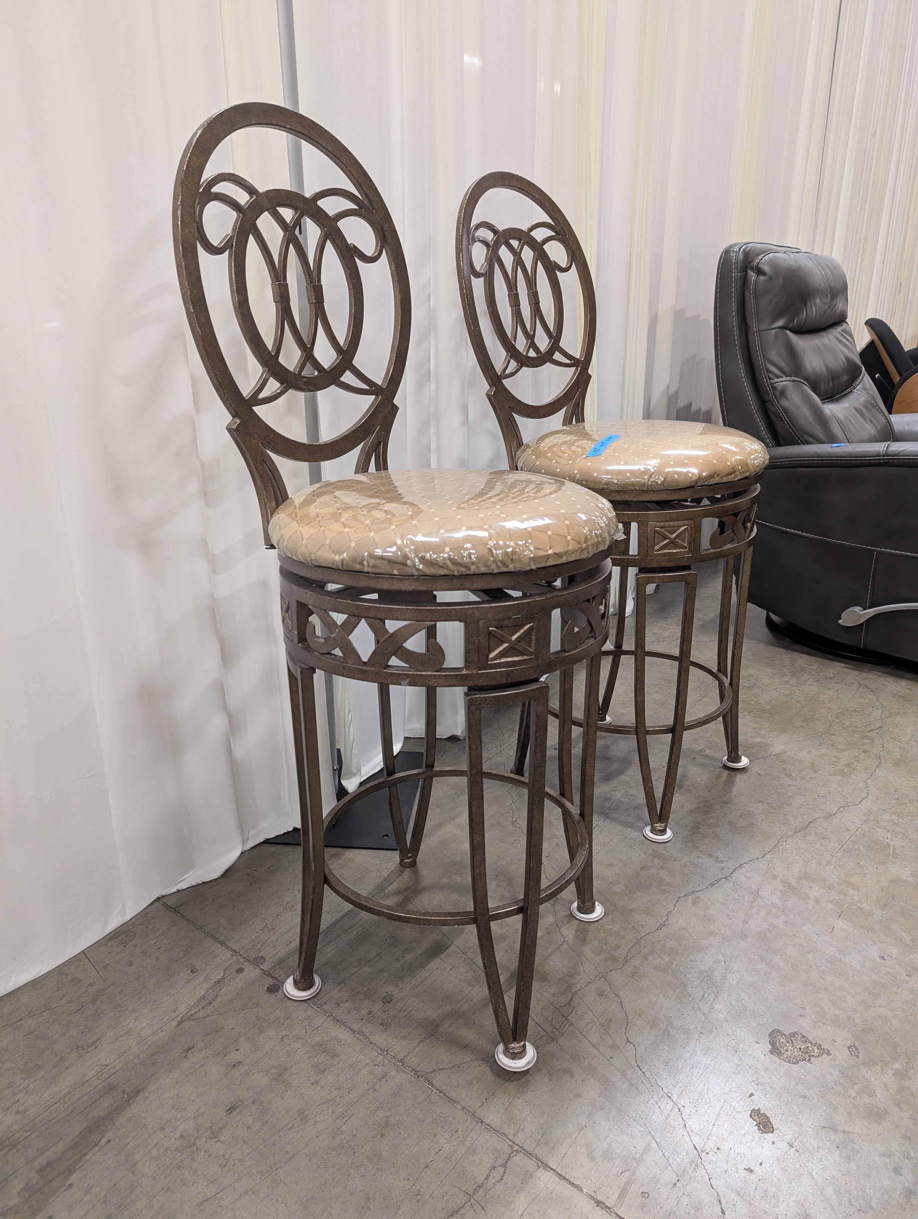 Pair of Ornate Dark Bronze Metal Bar Stools with Upholstered Seats