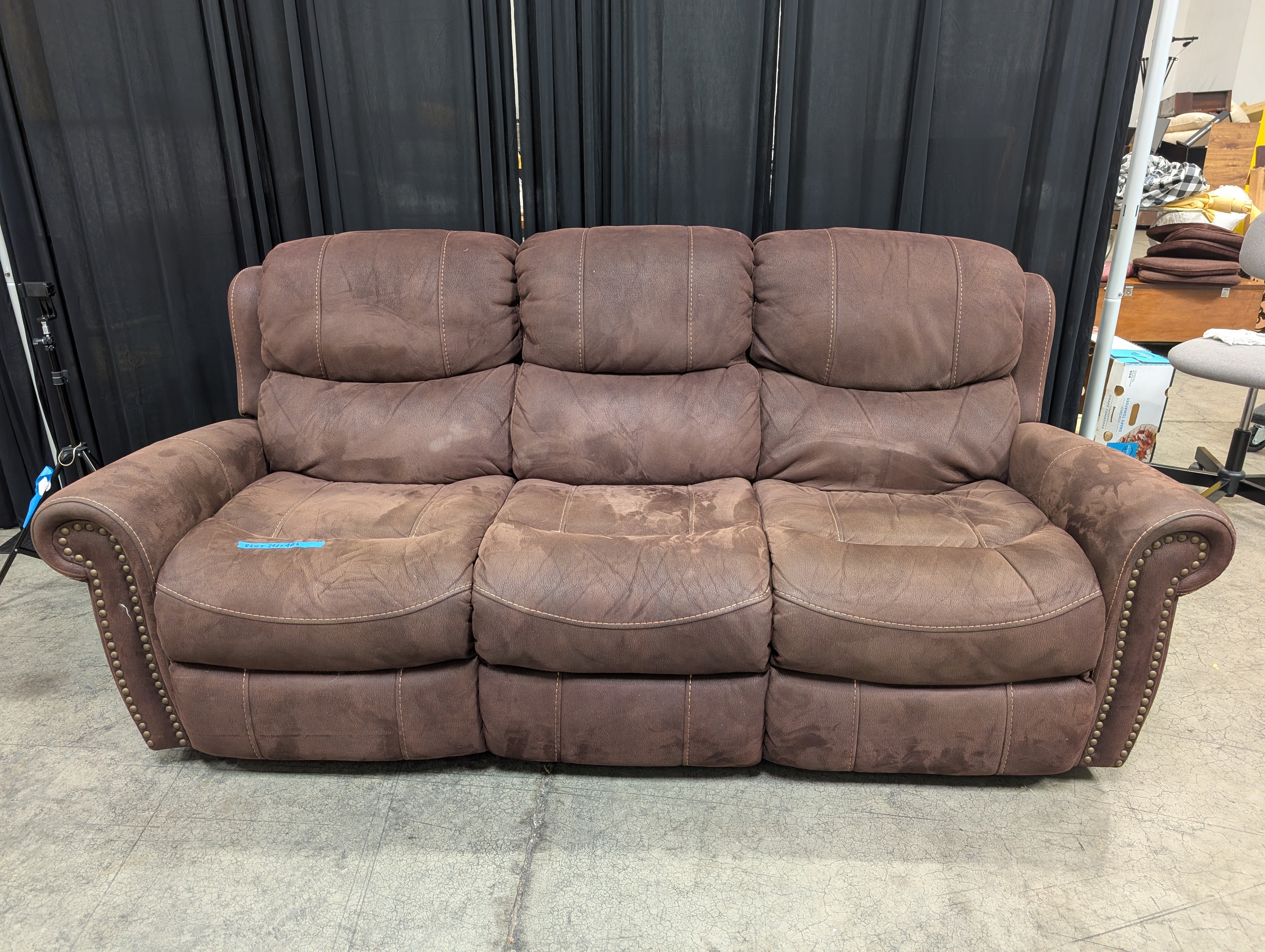 Brown Suede-Like Three-Seat Couch with Nailhead Trim