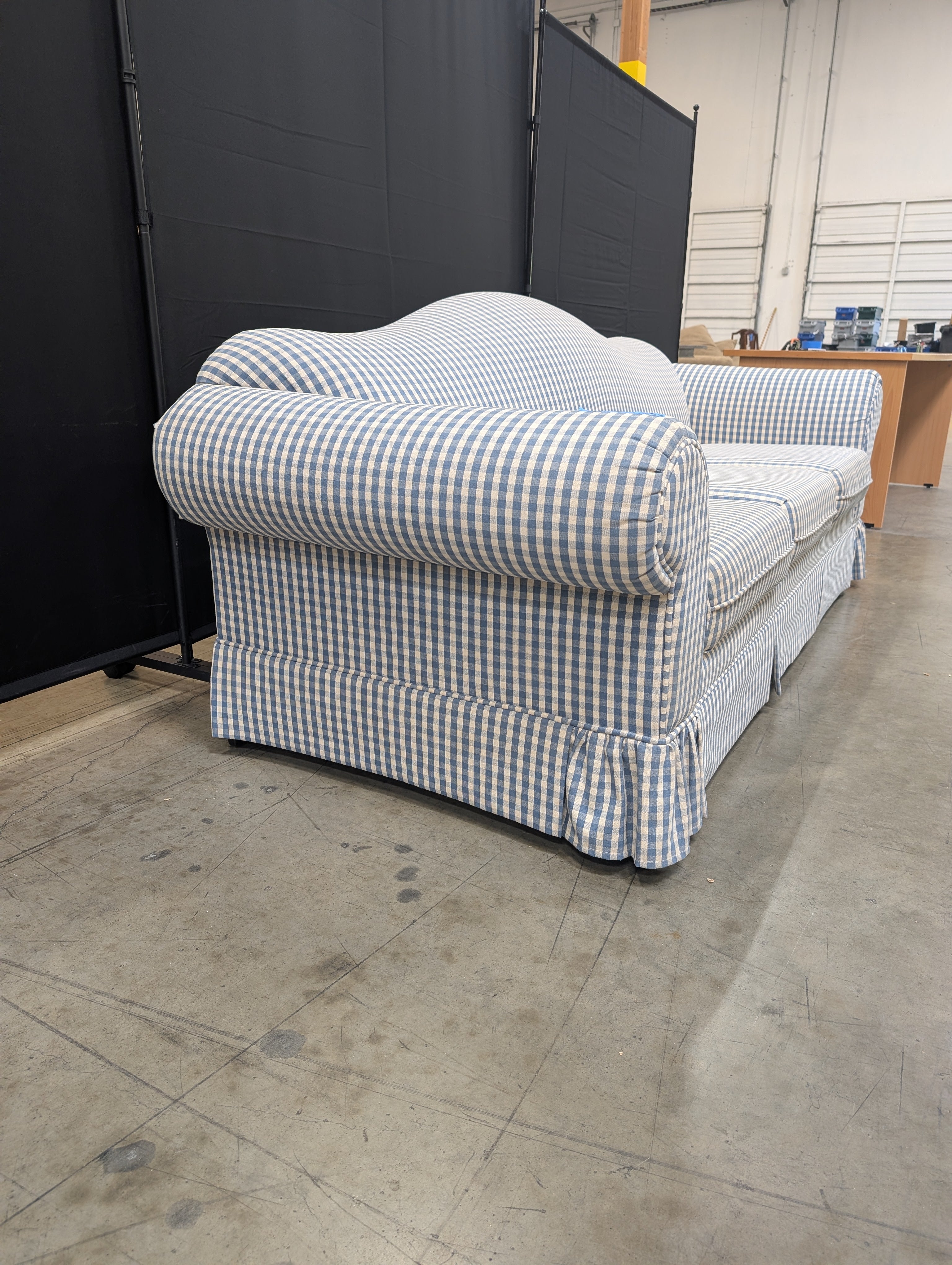 Blue Gingham Bassett Furniture Three-Seater Sofa with Rolled Arms Used