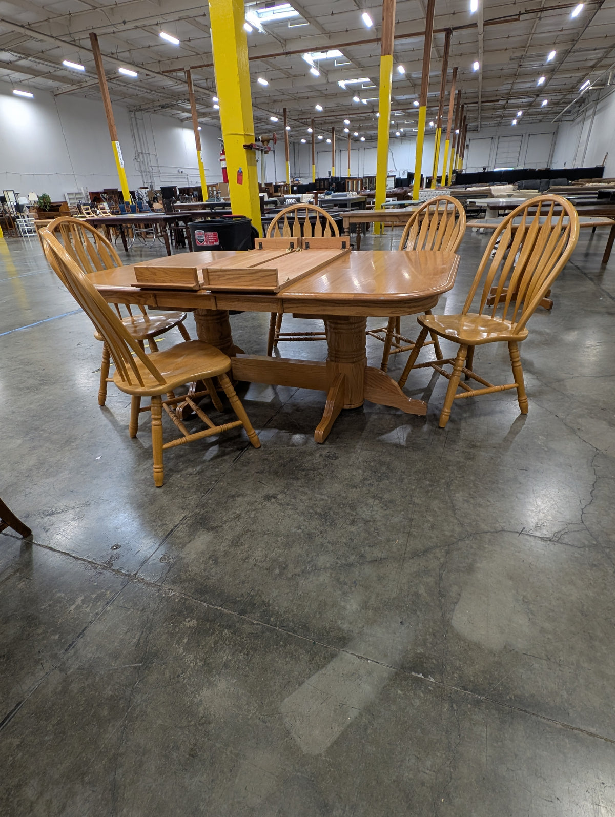 A-America Solid Oak Trestle Dining Table with Leaf and 5 Arrow-Back Windsor Chairs, 6-Piece Set, Assembled in USA
