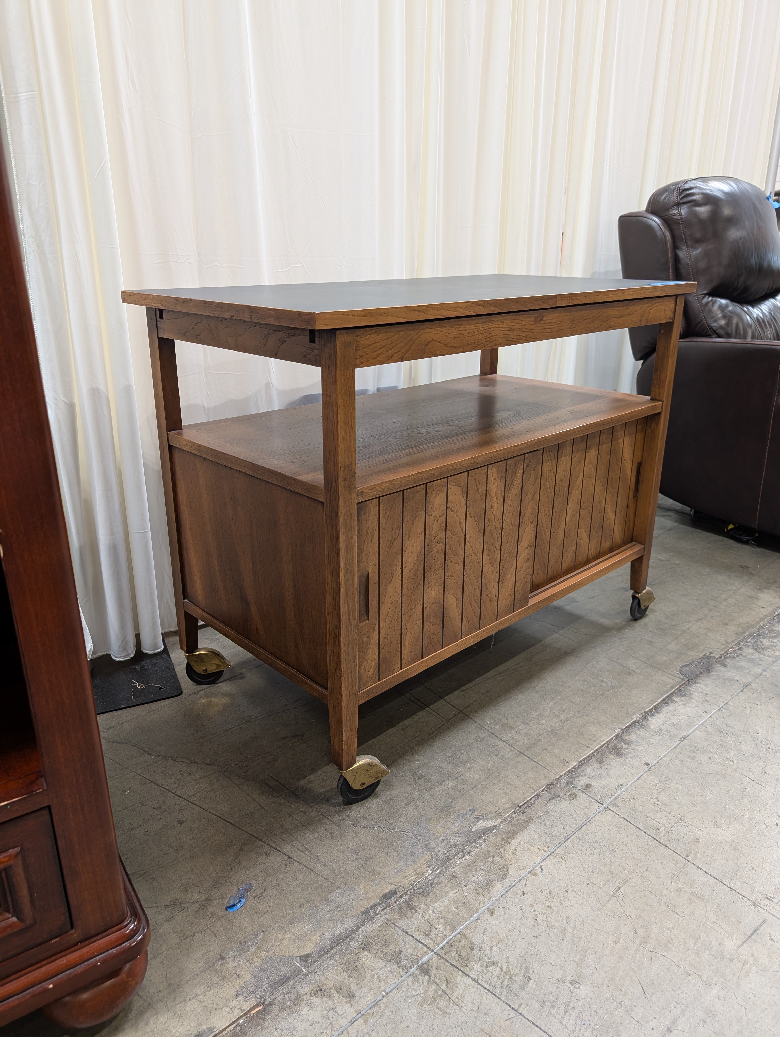 Mid-Century Rolling Wood Desk with Sliding Top