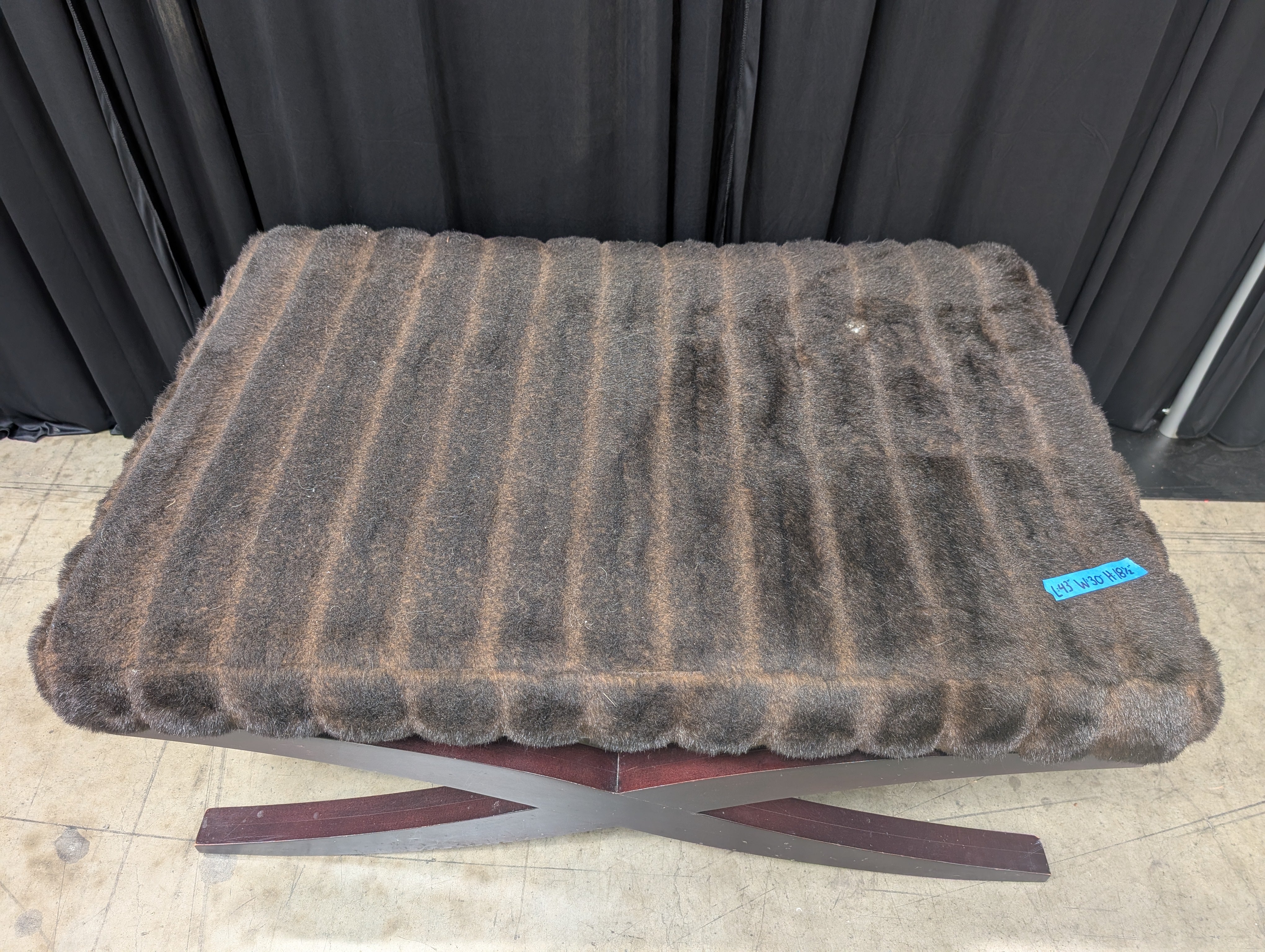 Ribbed Faux Fur X-Base Ottoman in Dark Wood