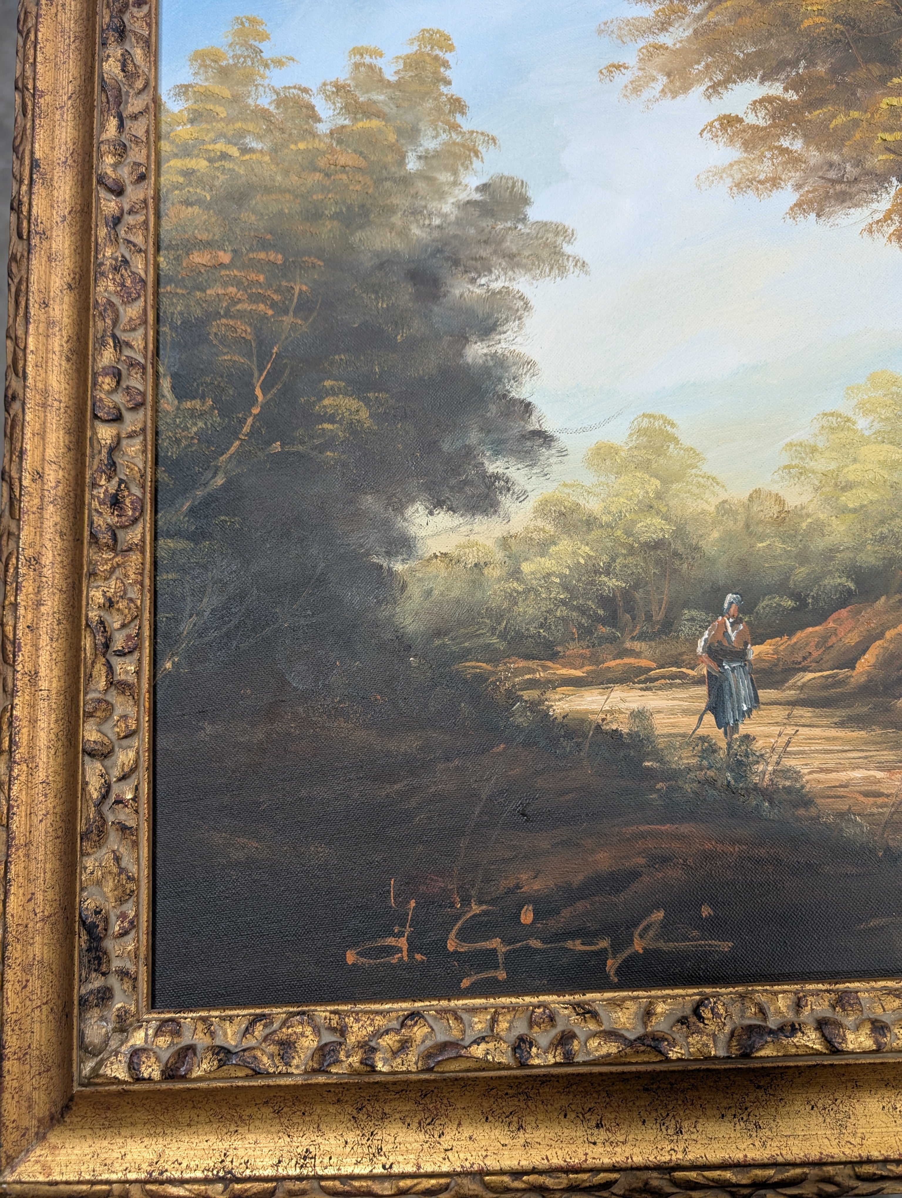 Large Ornate Gilded Frame Scenic Landscape Painting