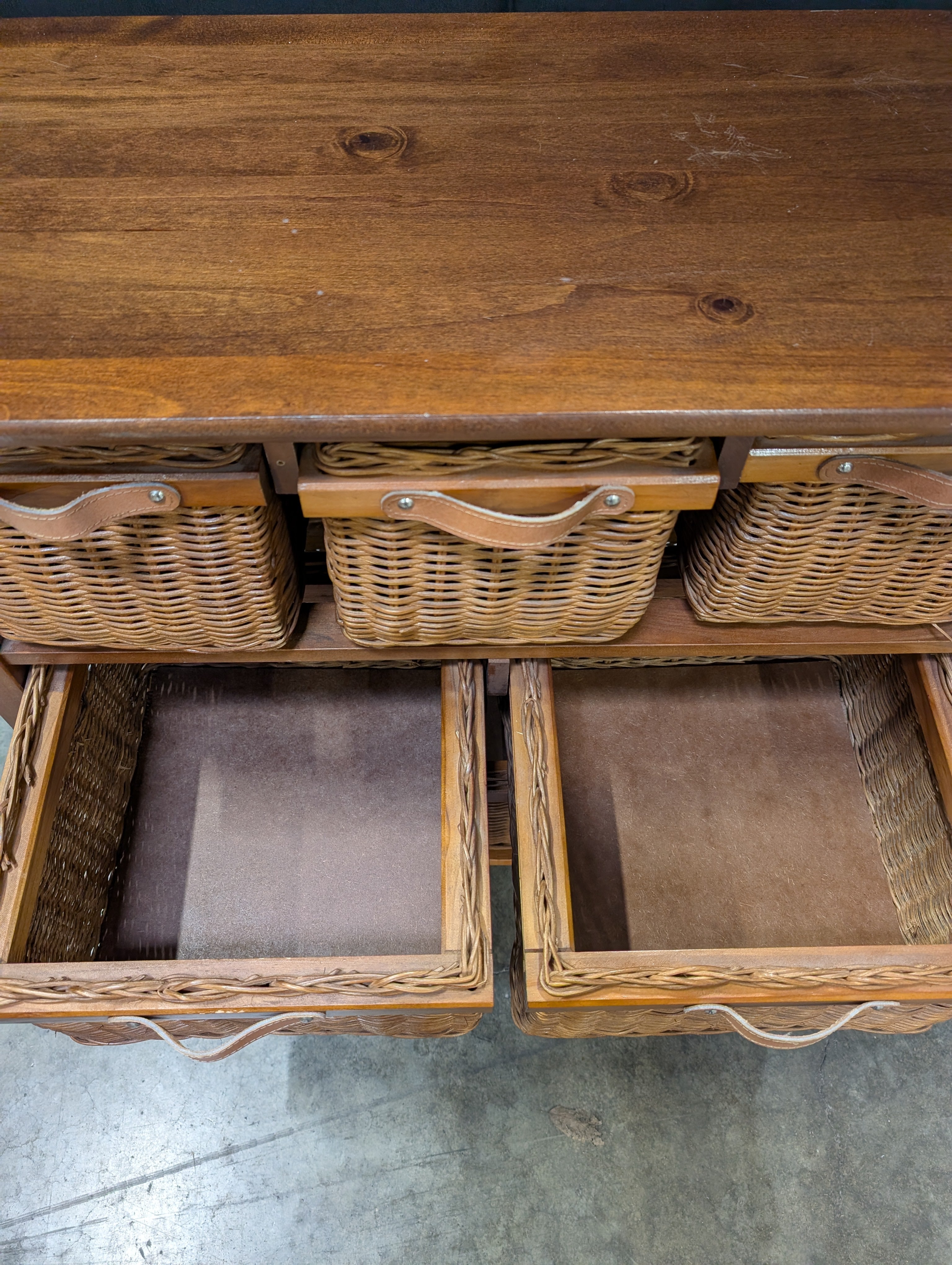 Rustic Dark Wood & Wicker Storage Cabinet with 6 Baskets & Leather Pulls
