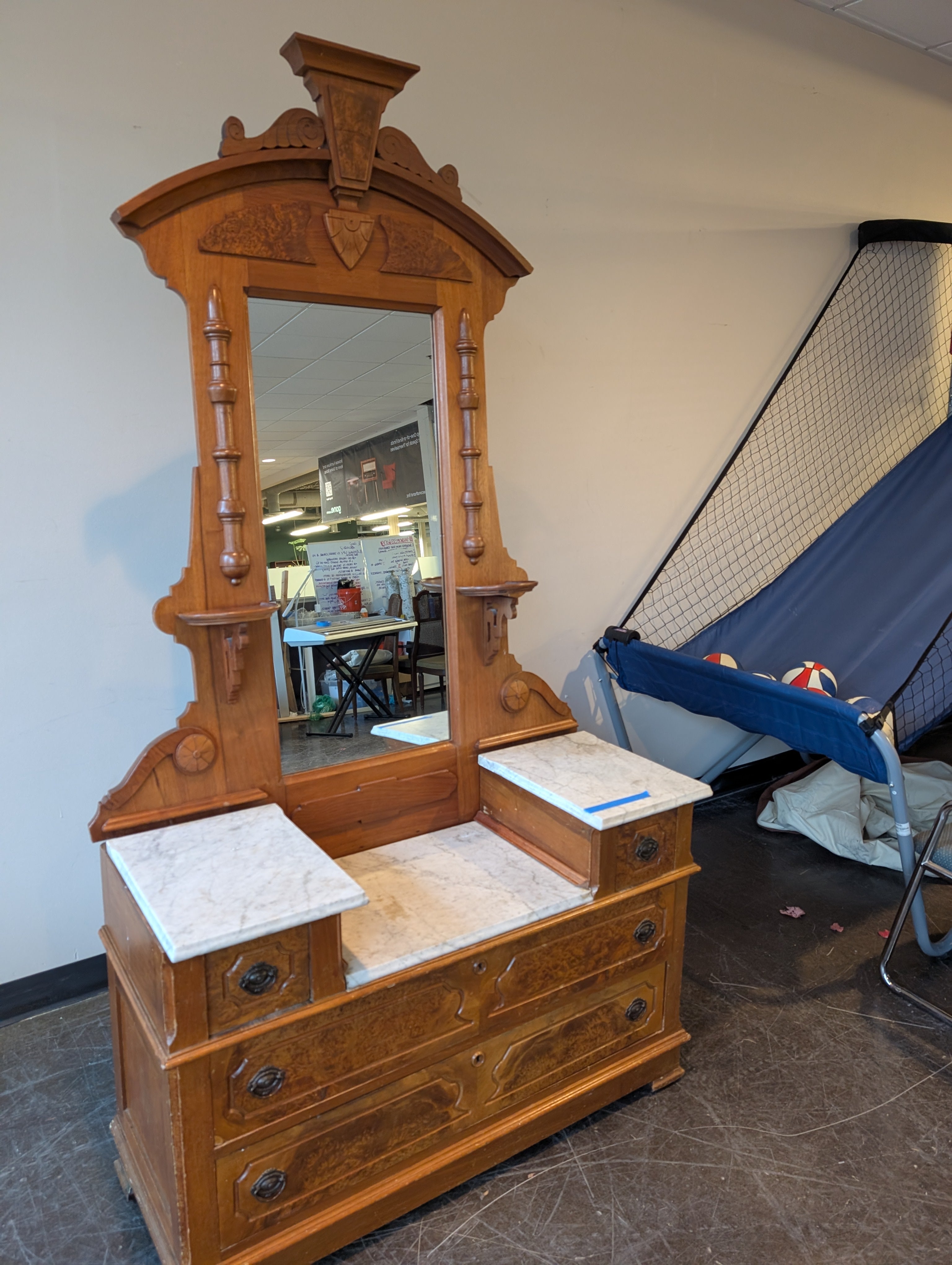Antique Wood Five-Drawer Dresser with Marble Tops