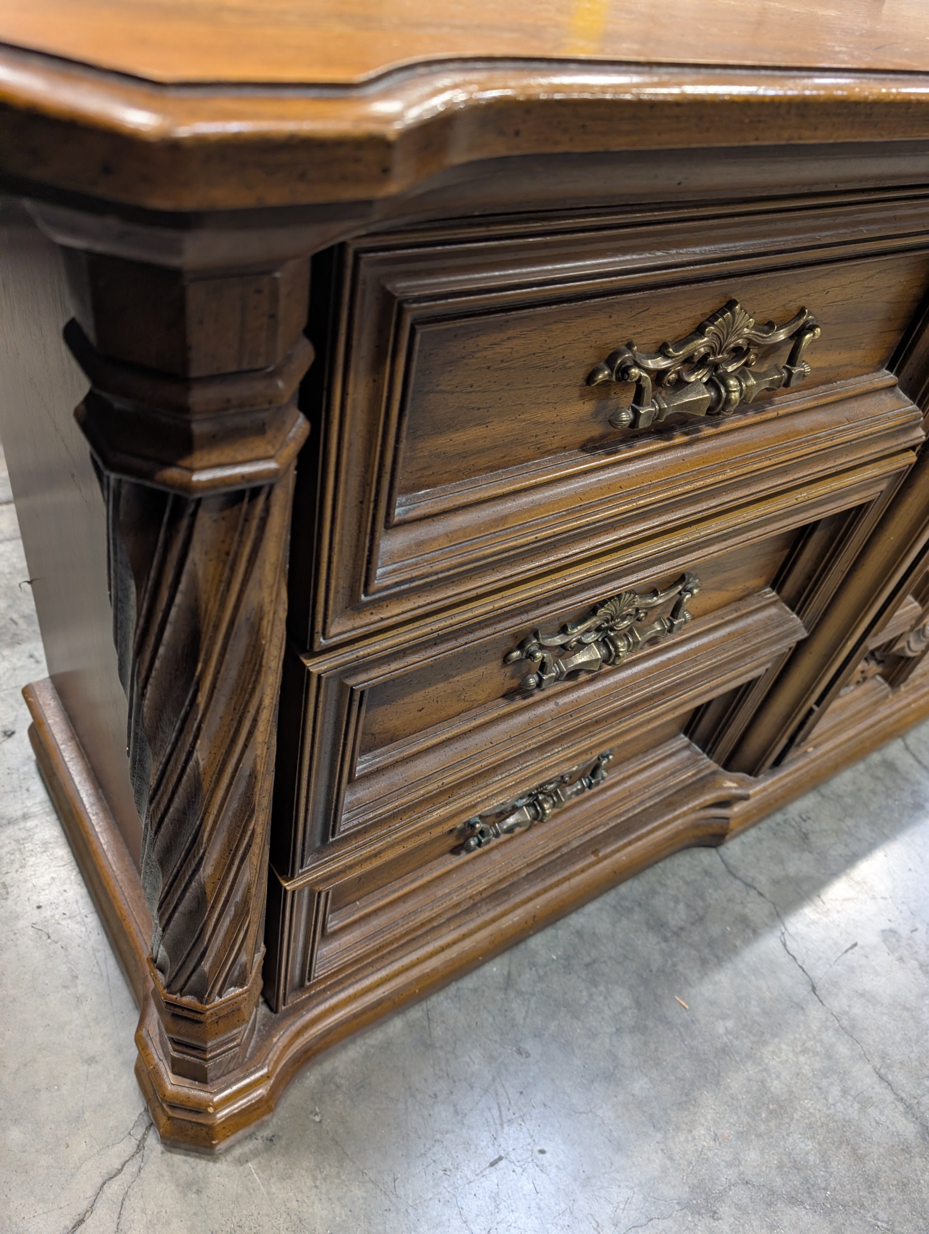 Ornate Traditional Dark Wood Dresser with Nine Drawers and Two Carved Mirrors