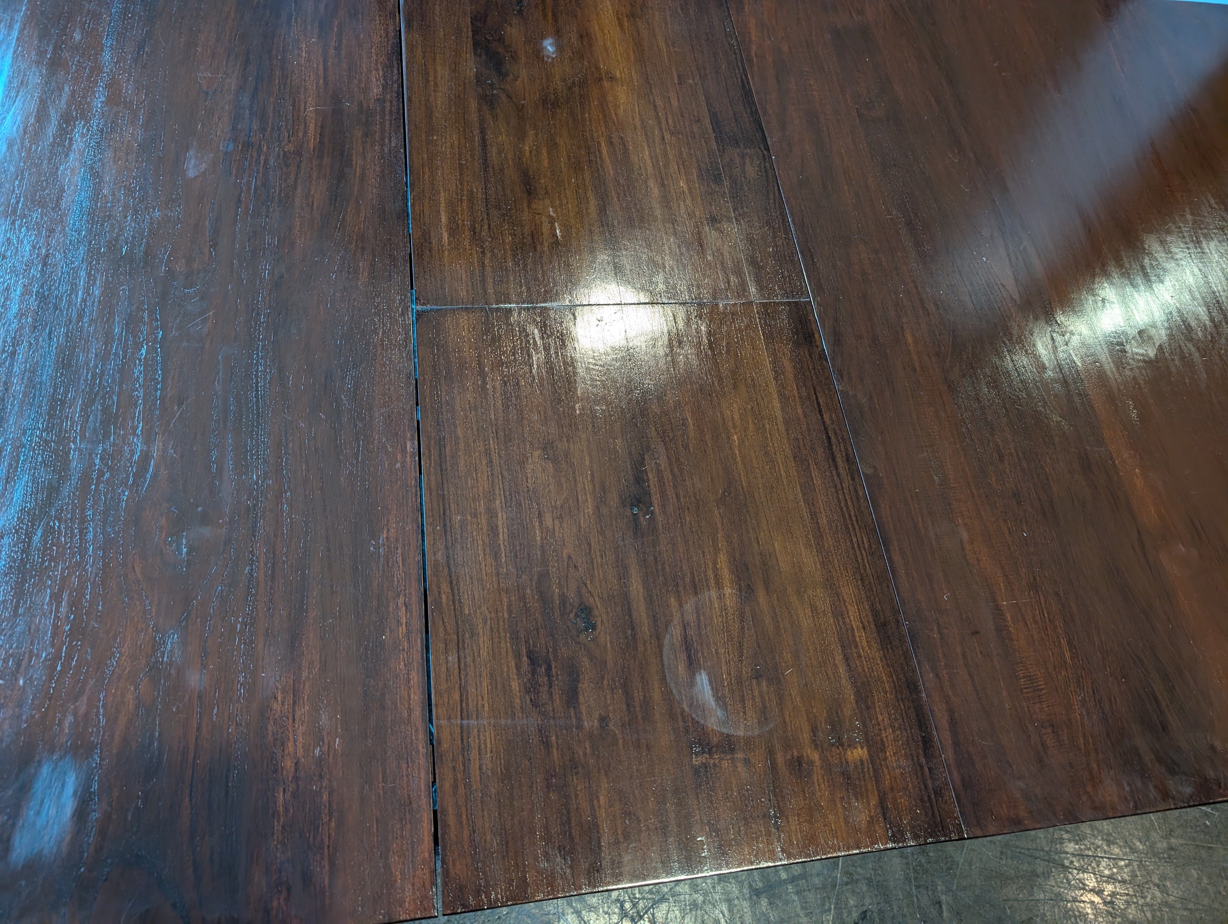 Sturdy Rectangular Dark Wood Dining Table with built in leaf and two drawers