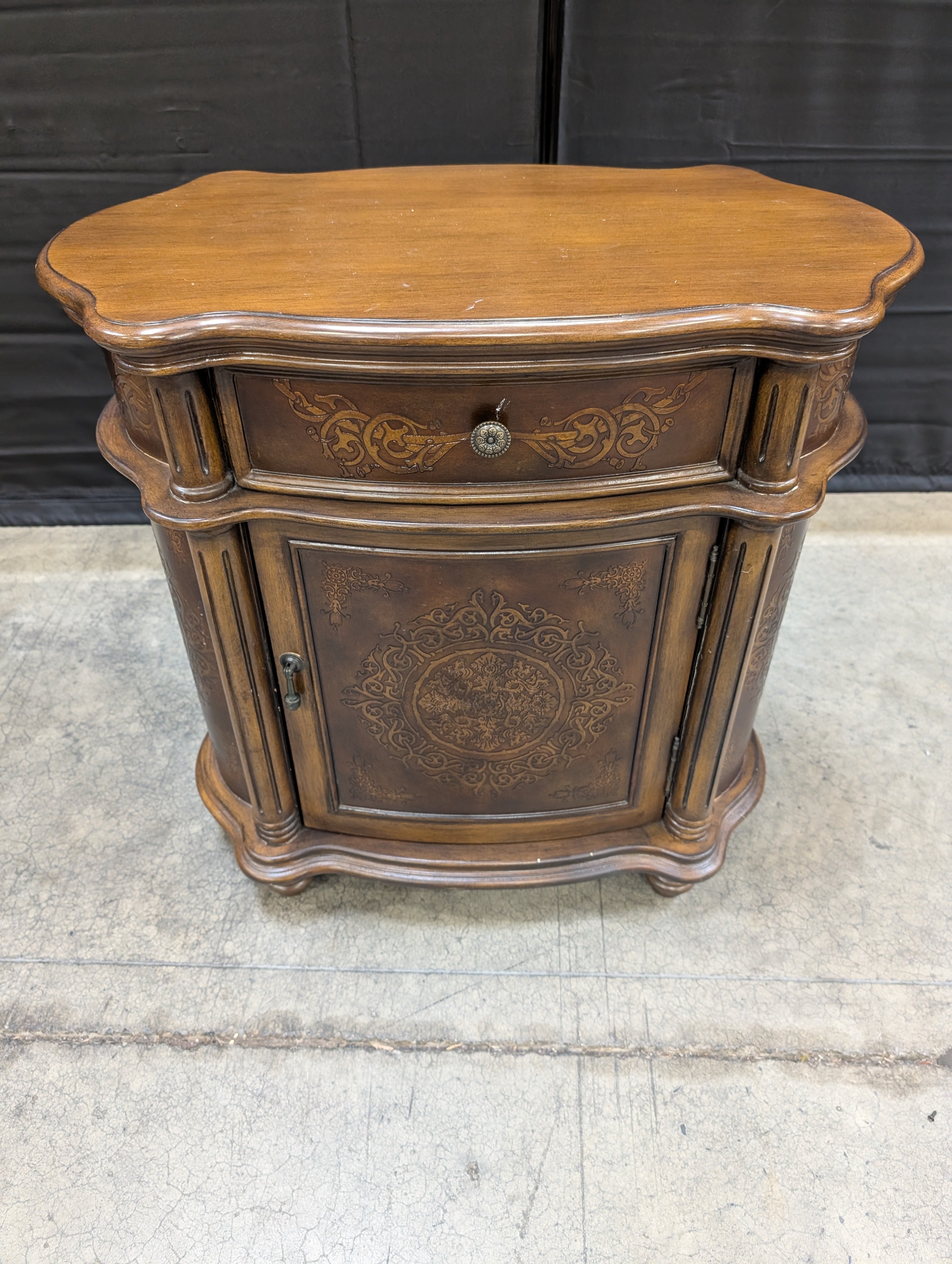 Ornate Dark Wood Accent Cabinet with Drawer