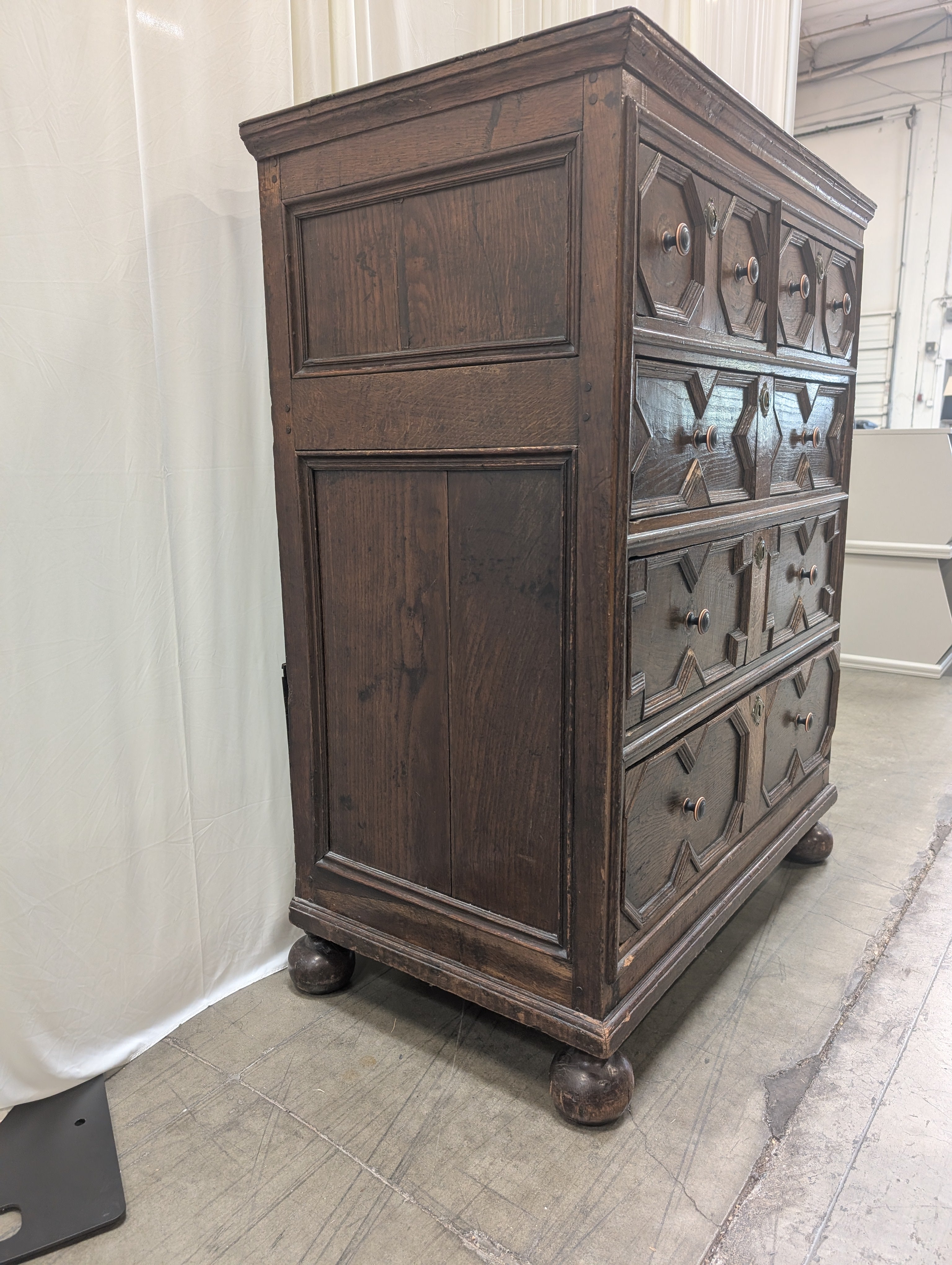 Antique Style Geometric Paneled Dresser in Dark Wood