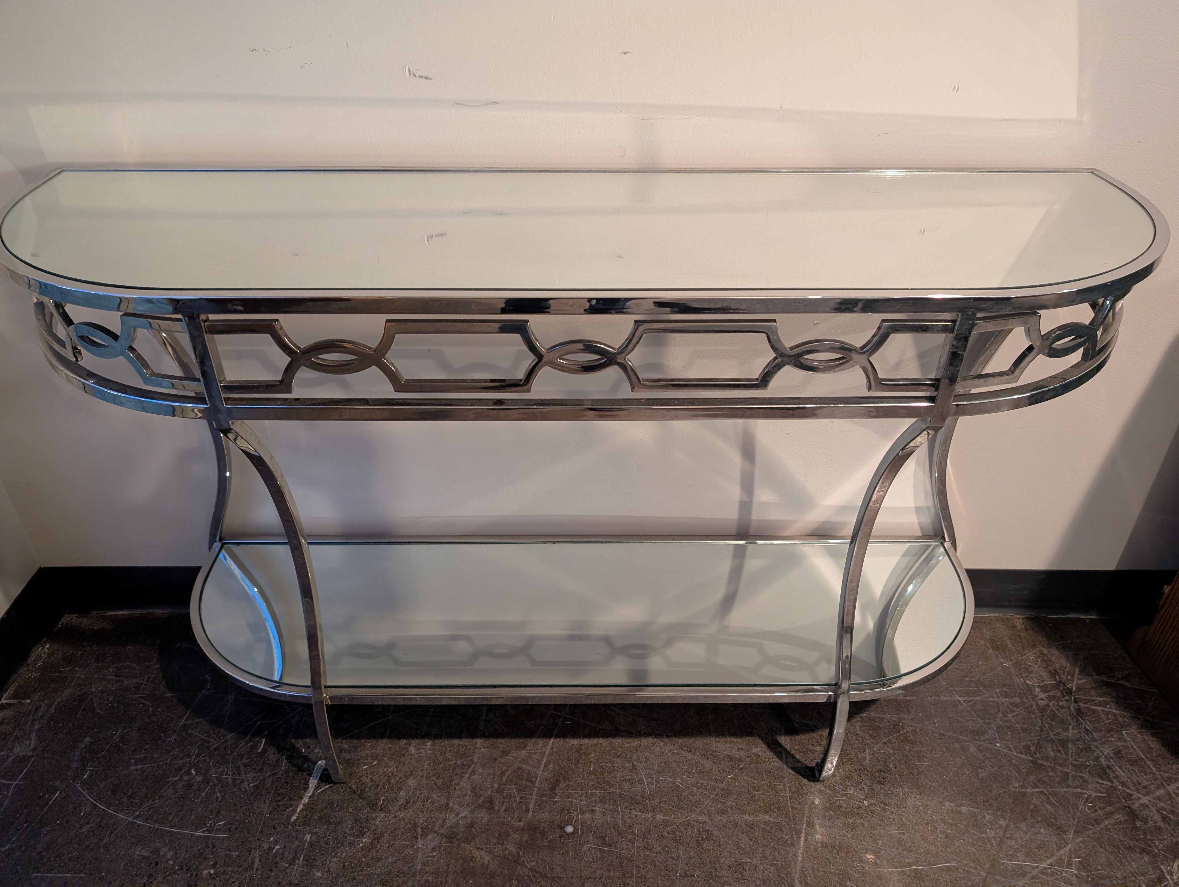 Art Deco Inspired Chrome and Glass Console Table with Mirrored Shelf
