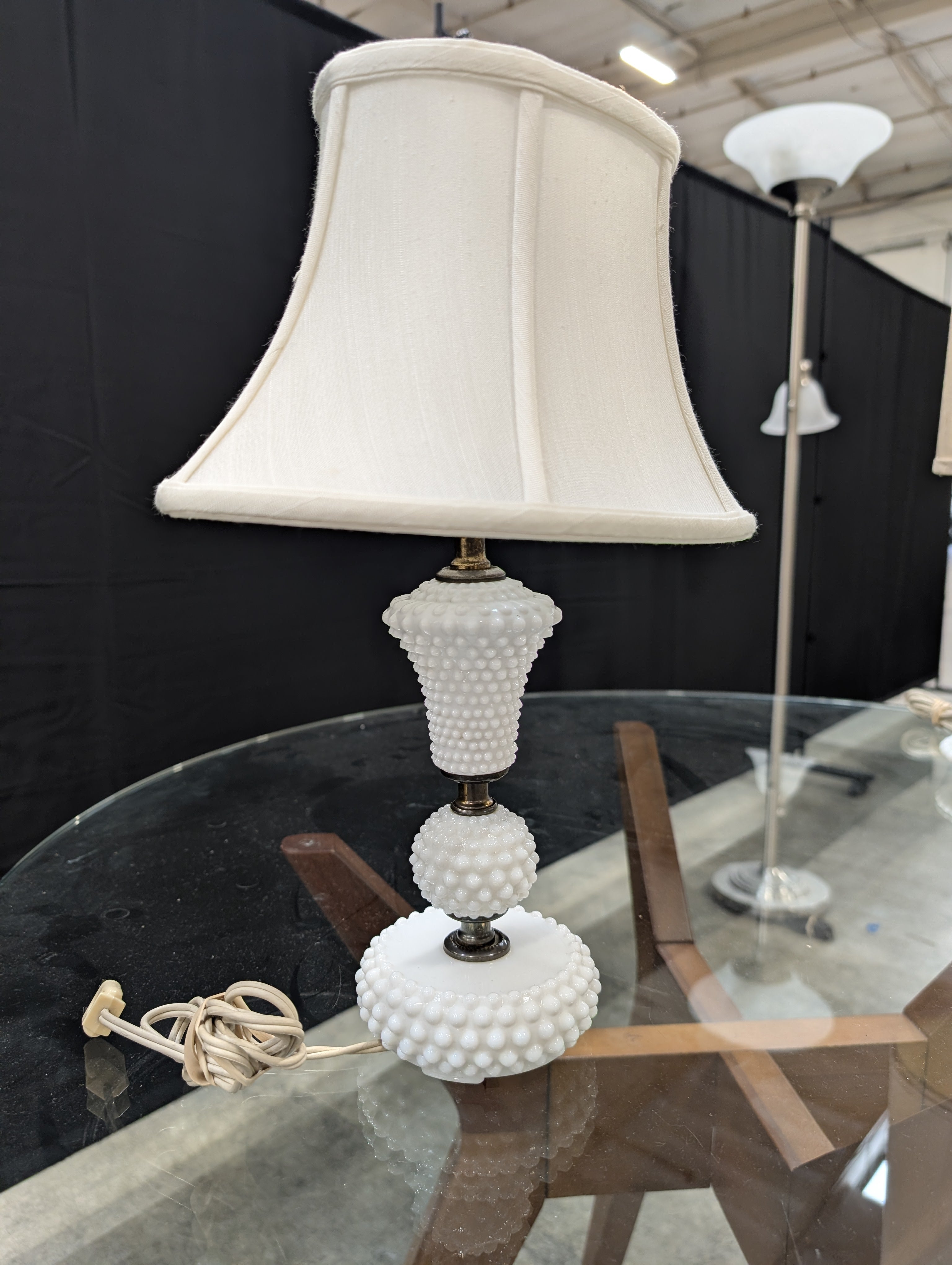 Vintage White Hobnail Milk Glass Table Lamp with Fabric Shade