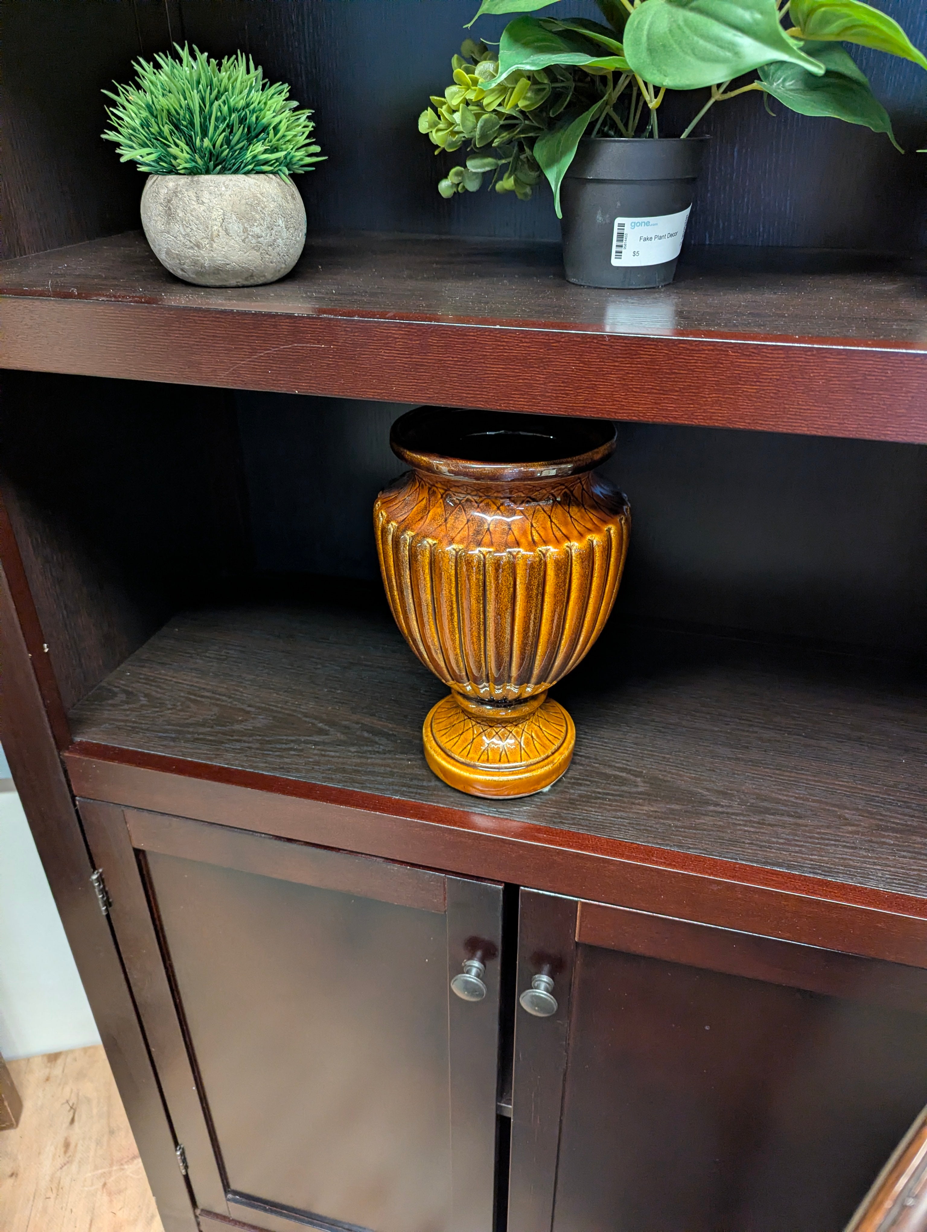 Vintage Ribbed Amber Glazed Ceramic Urn Vase