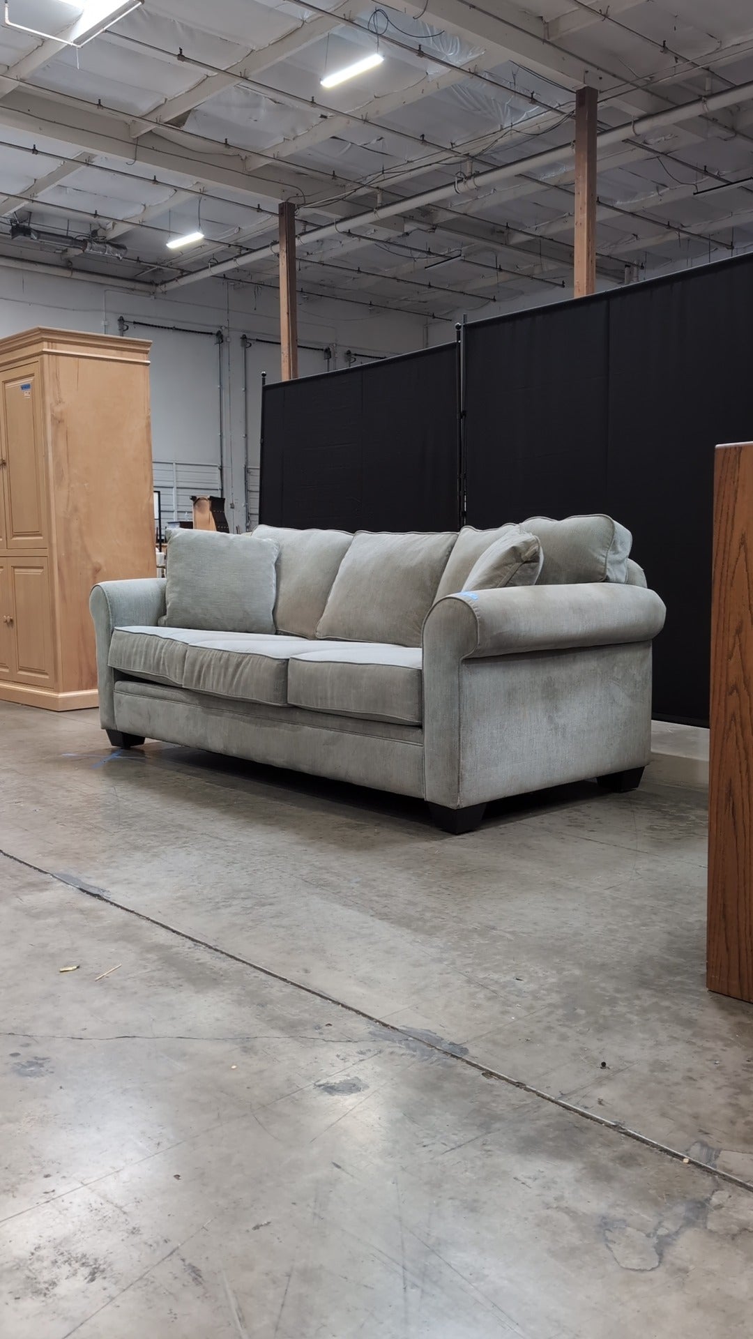 Used Greige Fabric Three-Seater Sofa with Rolled Arms