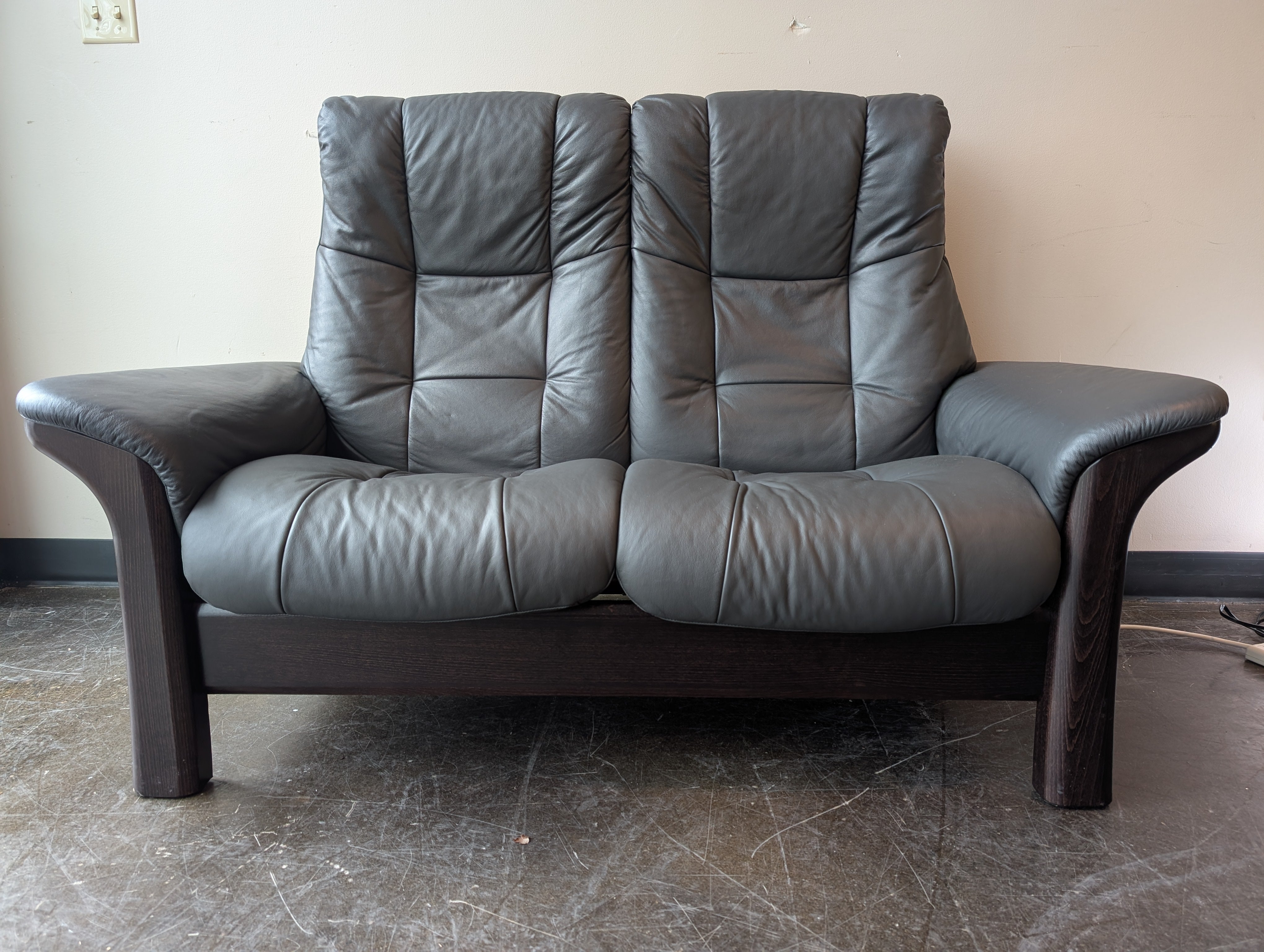 Dark Gray Leather Stressless Windsor High Back Two-Seater Reclining Loveseat