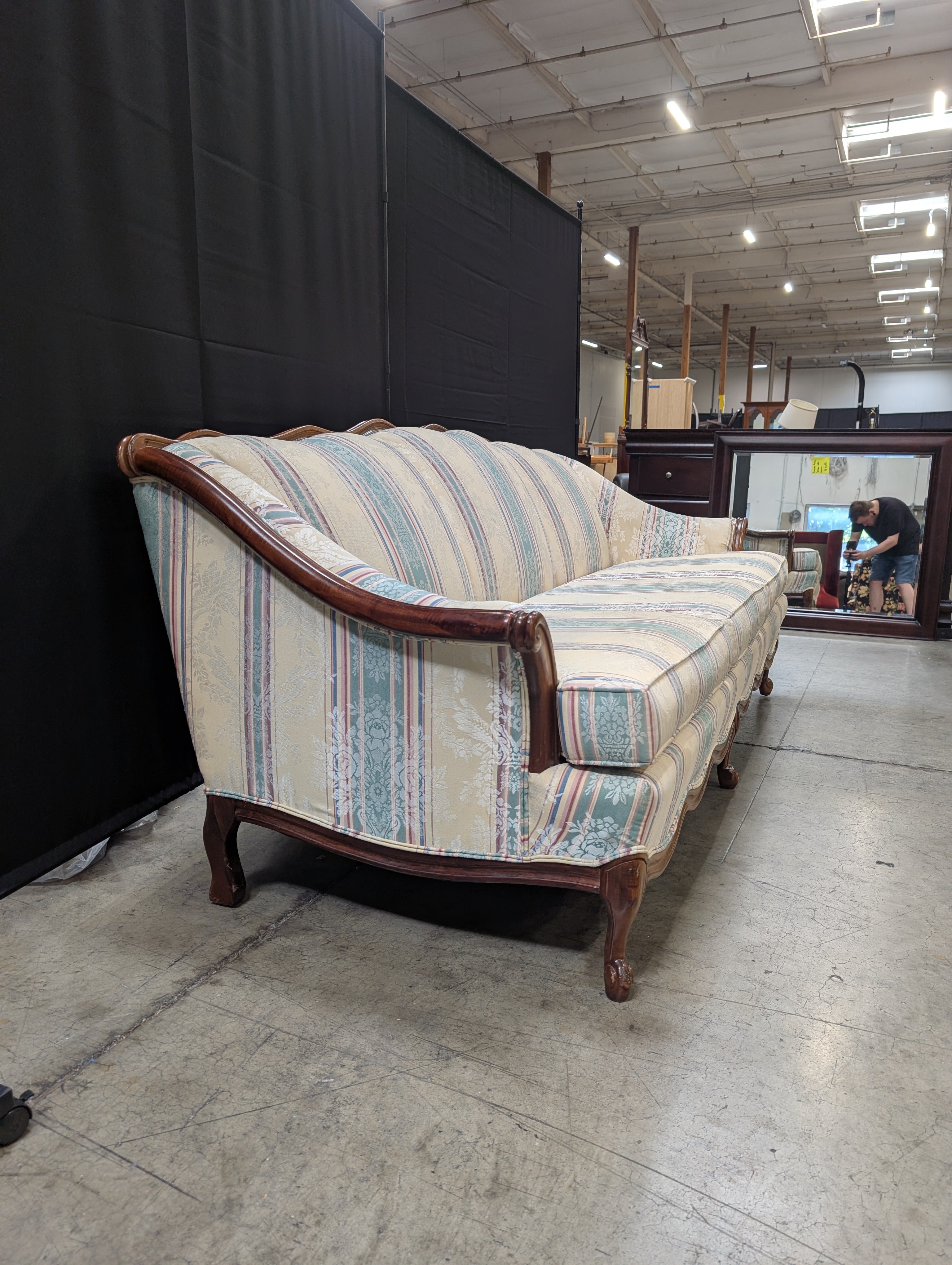 Cochrane Furniture Company Three-Seater Sofa with Carved Wood Frame