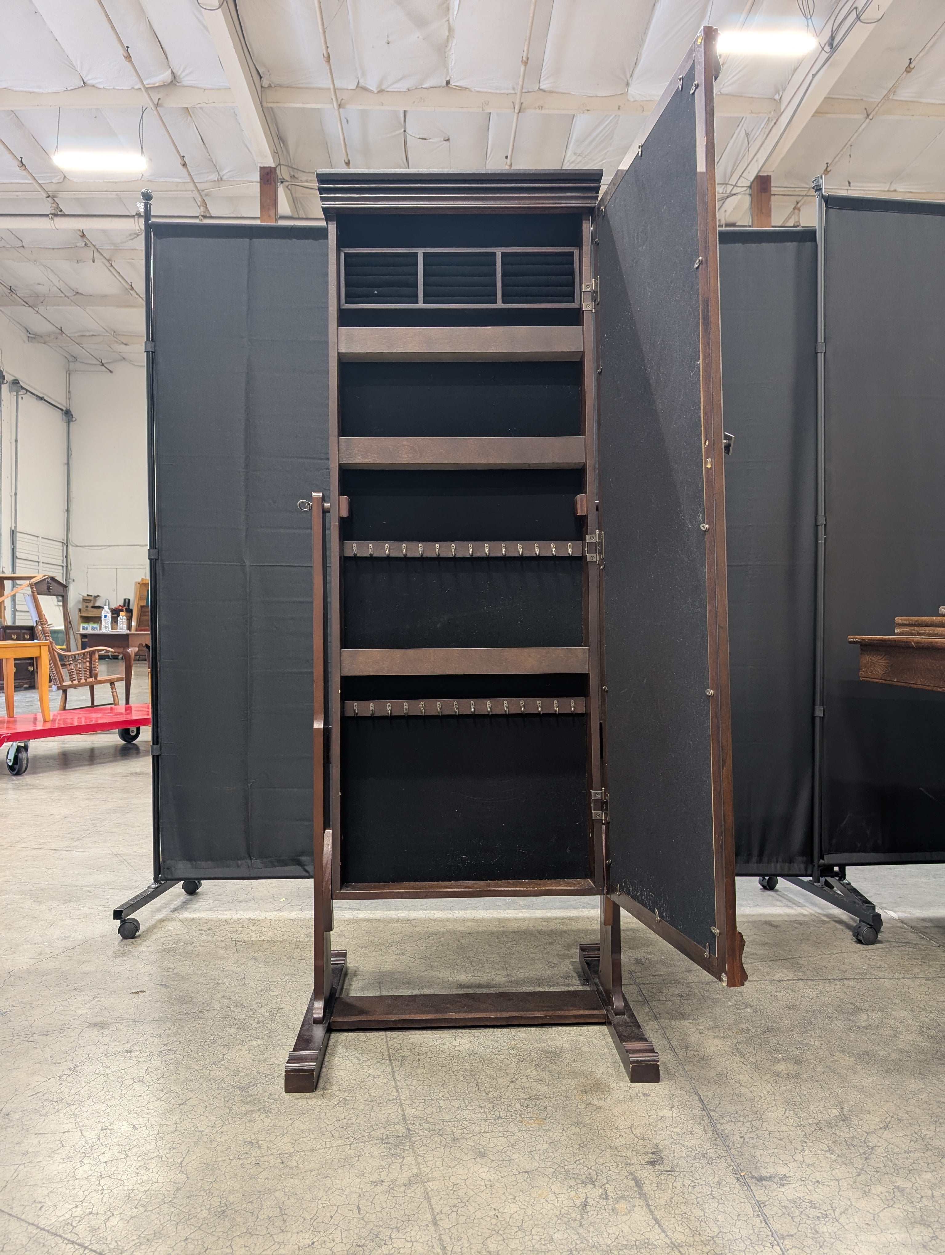 Freestanding Dark Wood Cheval Mirror Jewelry Armoire