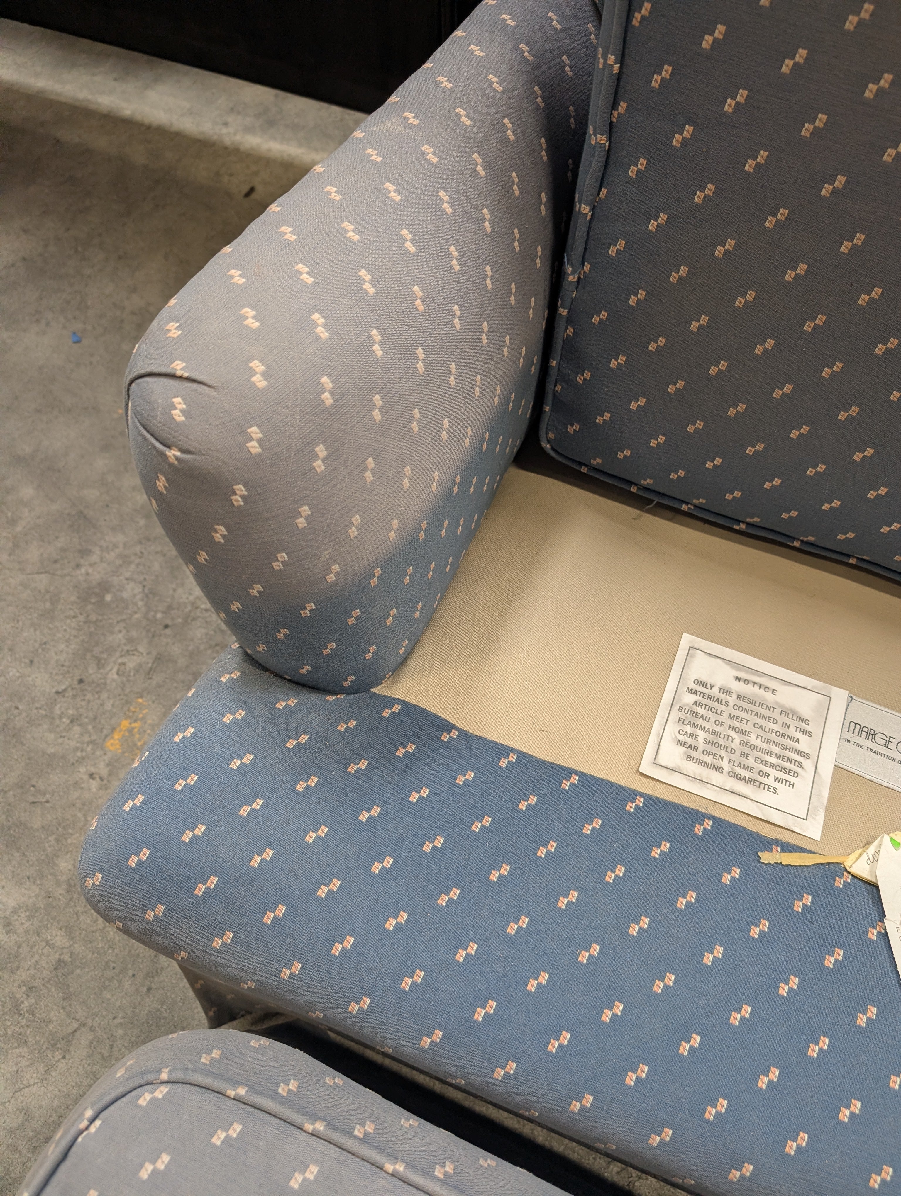 Blue Patterned Fabric Armchair with Rolled Arms with Ottoman