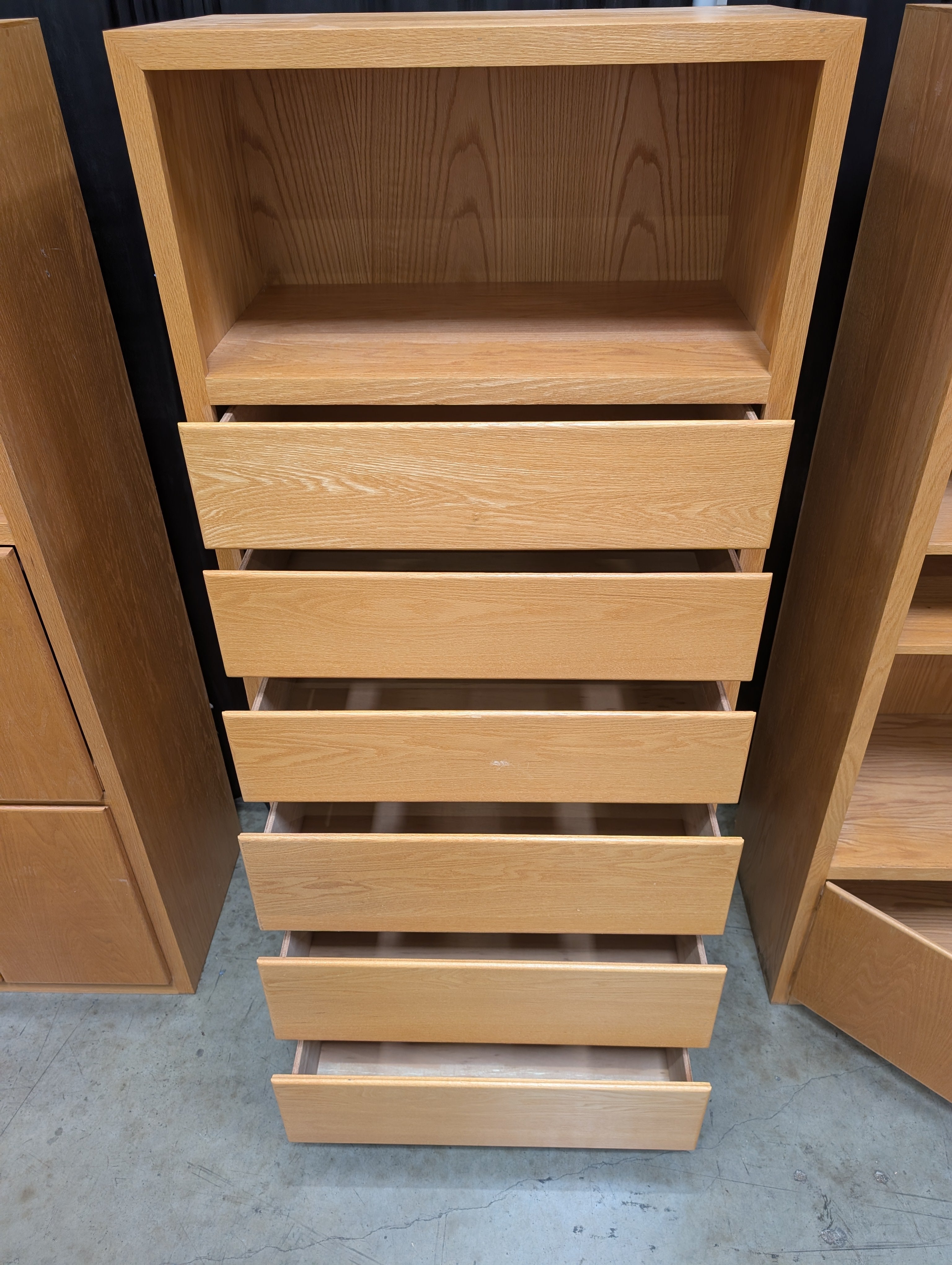 Tall Light Wood Six Drawer Dresser with Open Shelf