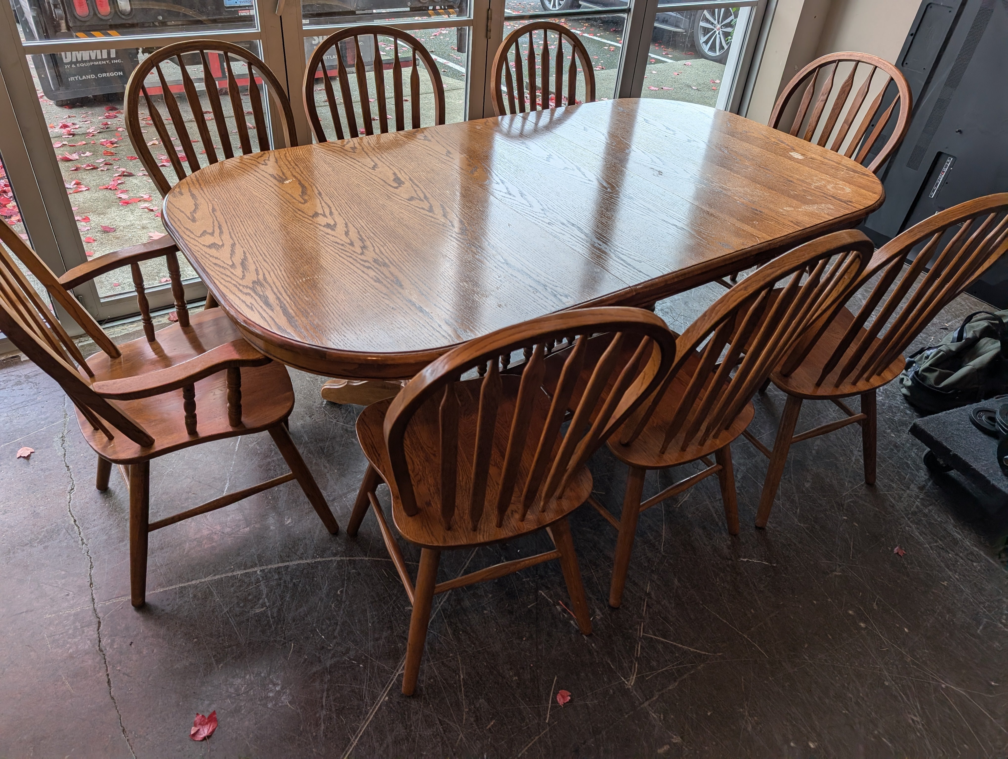 Classic Wood Dining Table Set with seven Windsor Chairs