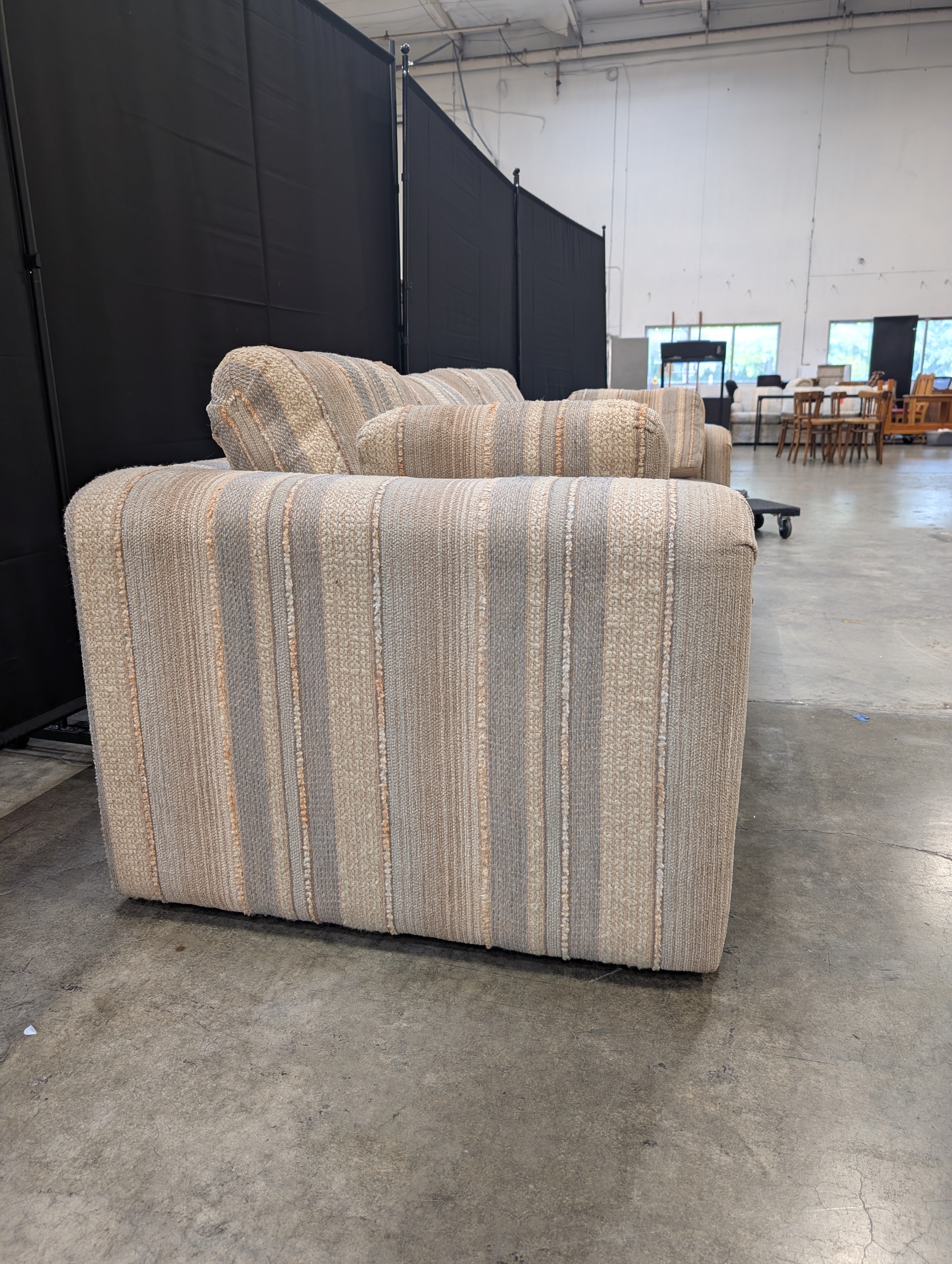 Striped Fabric Three-Seater Sofa with Wood Arm Accents