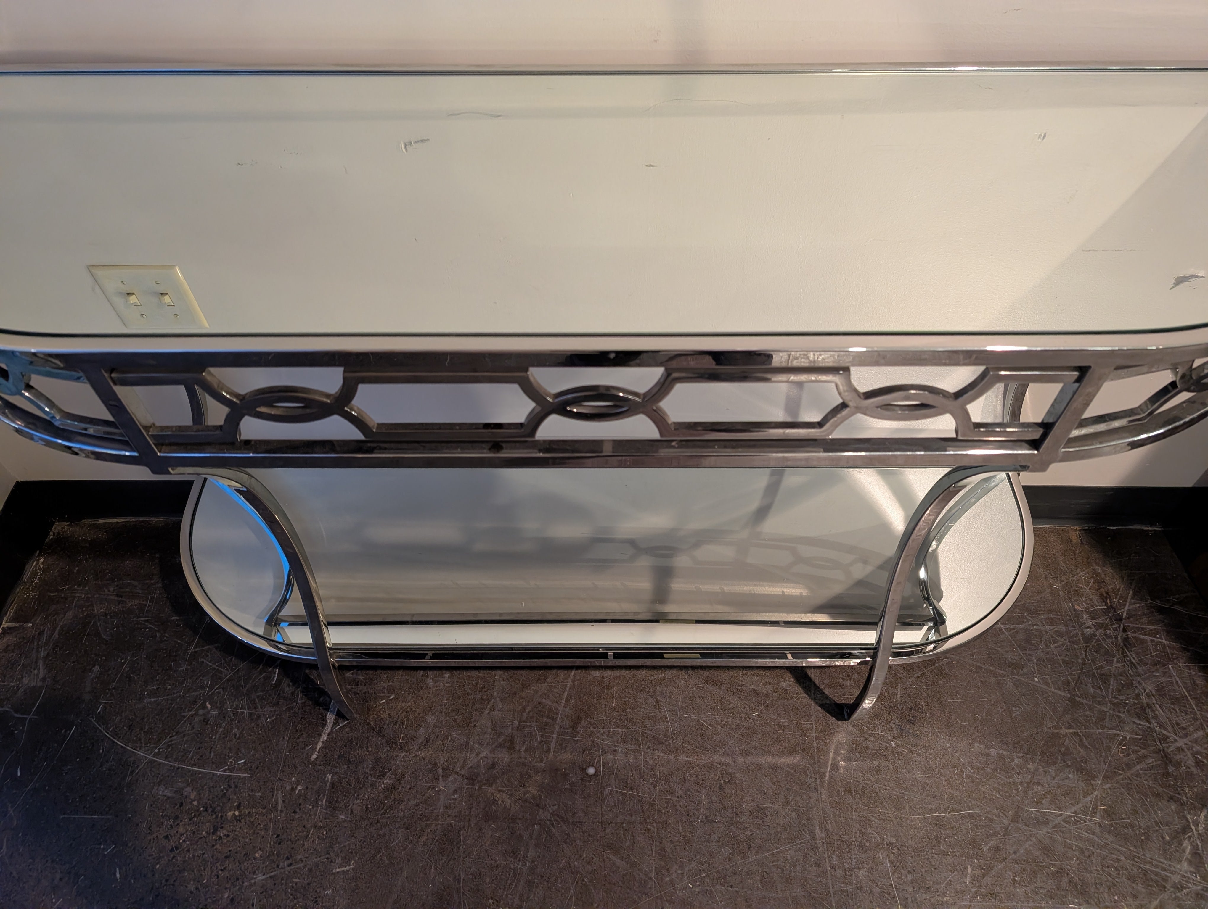 Art Deco Inspired Chrome and Glass Console Table with Mirrored Shelf