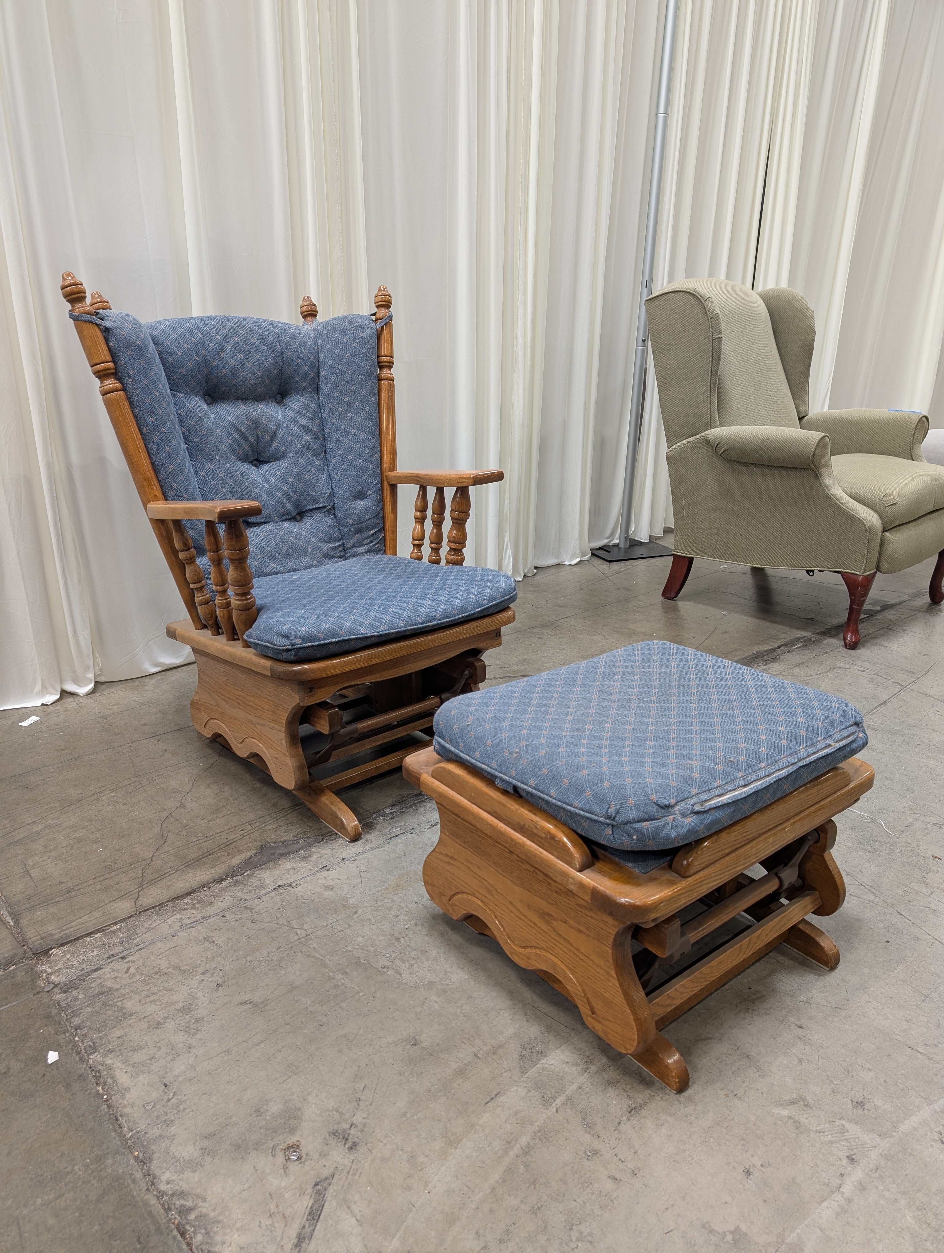 Blue Patterned Glider Chair with Matching Ottoman