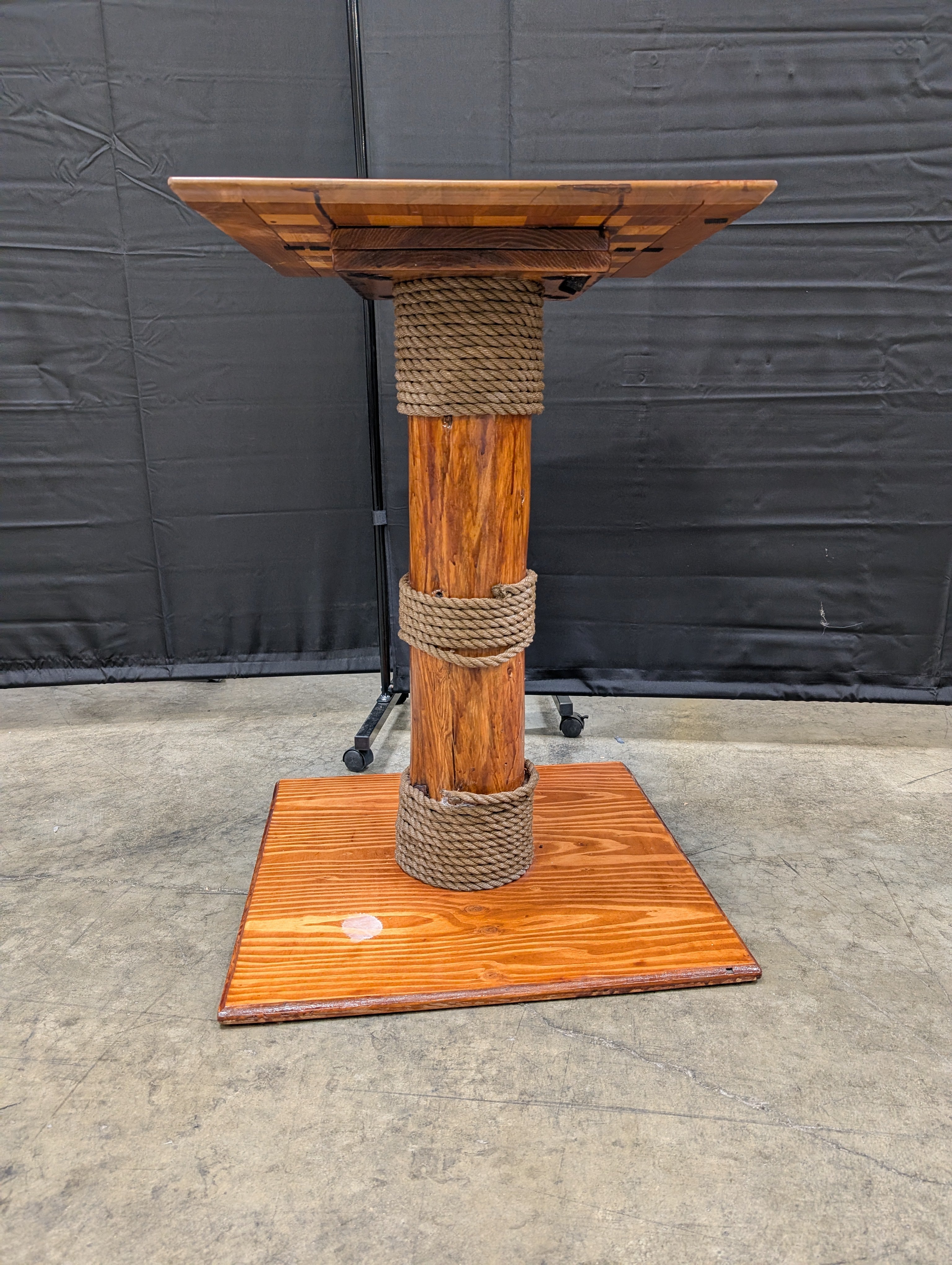 Rustic Wood Inlaid Chess Game Table with Rope Pedestal Base