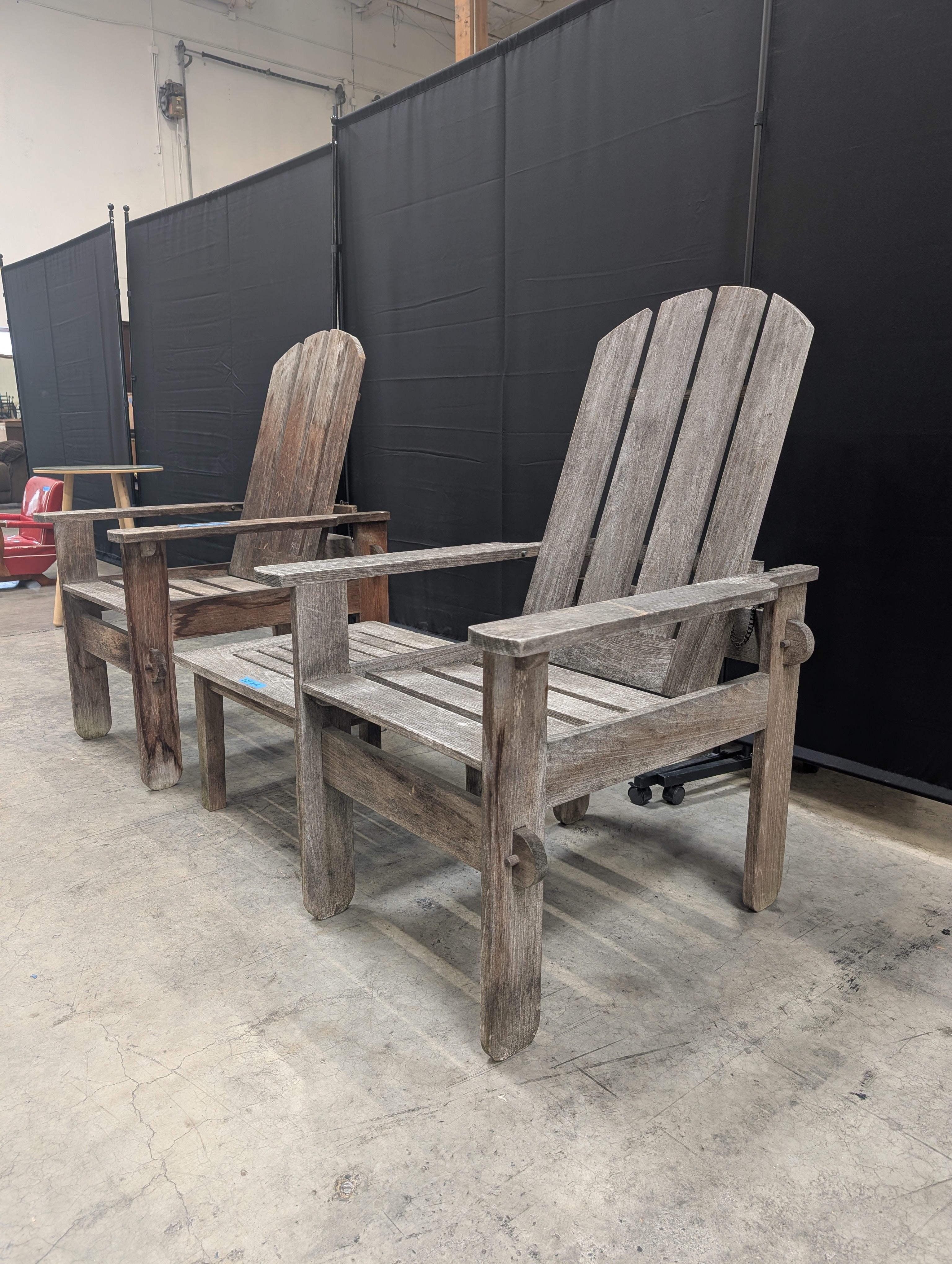 Set of Weathered Gray Wood Adirondack Chairs with Side Table