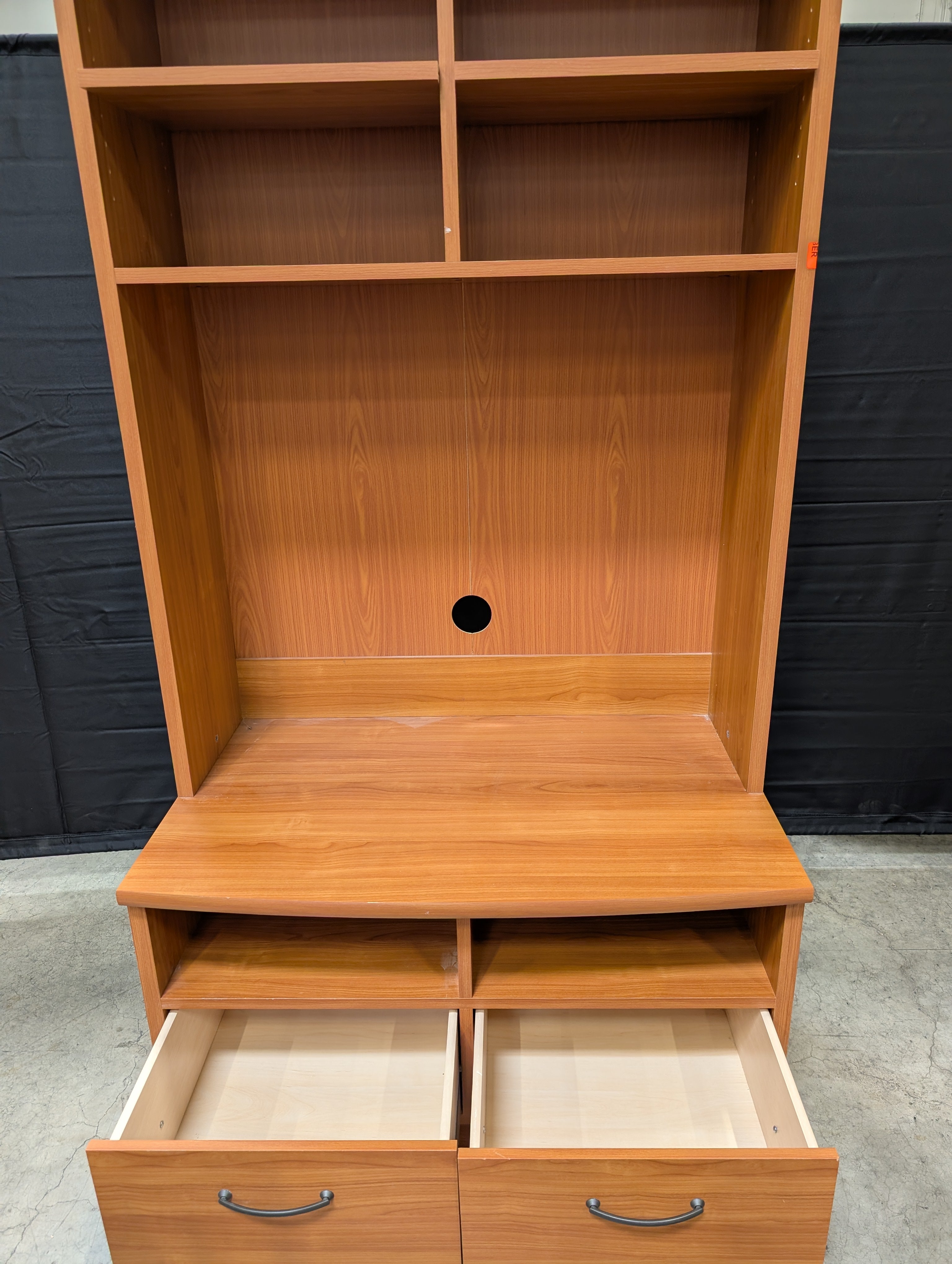 Functional Wood-Toned Desk Hutch with Shelving and Drawers