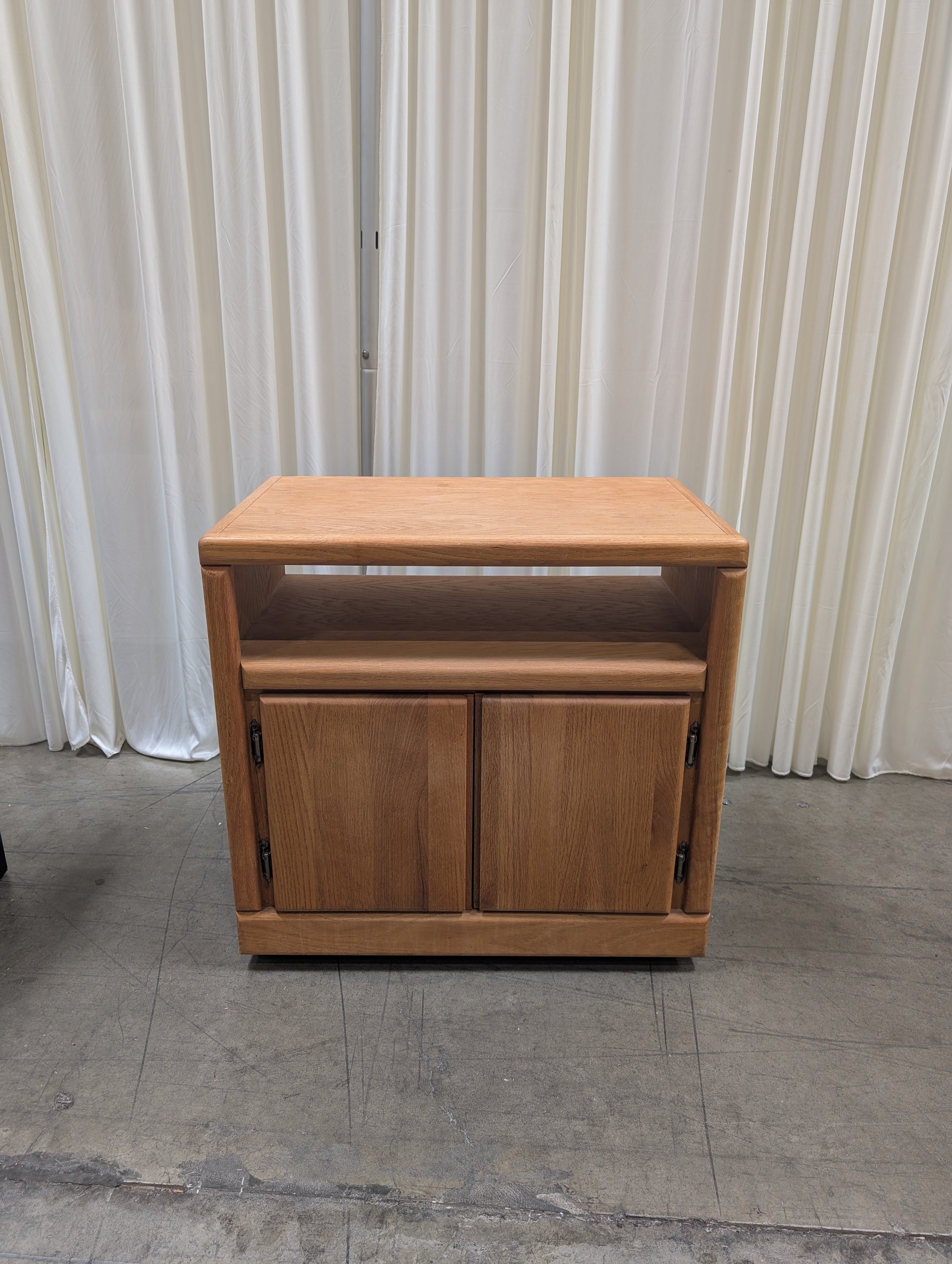 Oak Two-Door TV Stand with Open Shelf