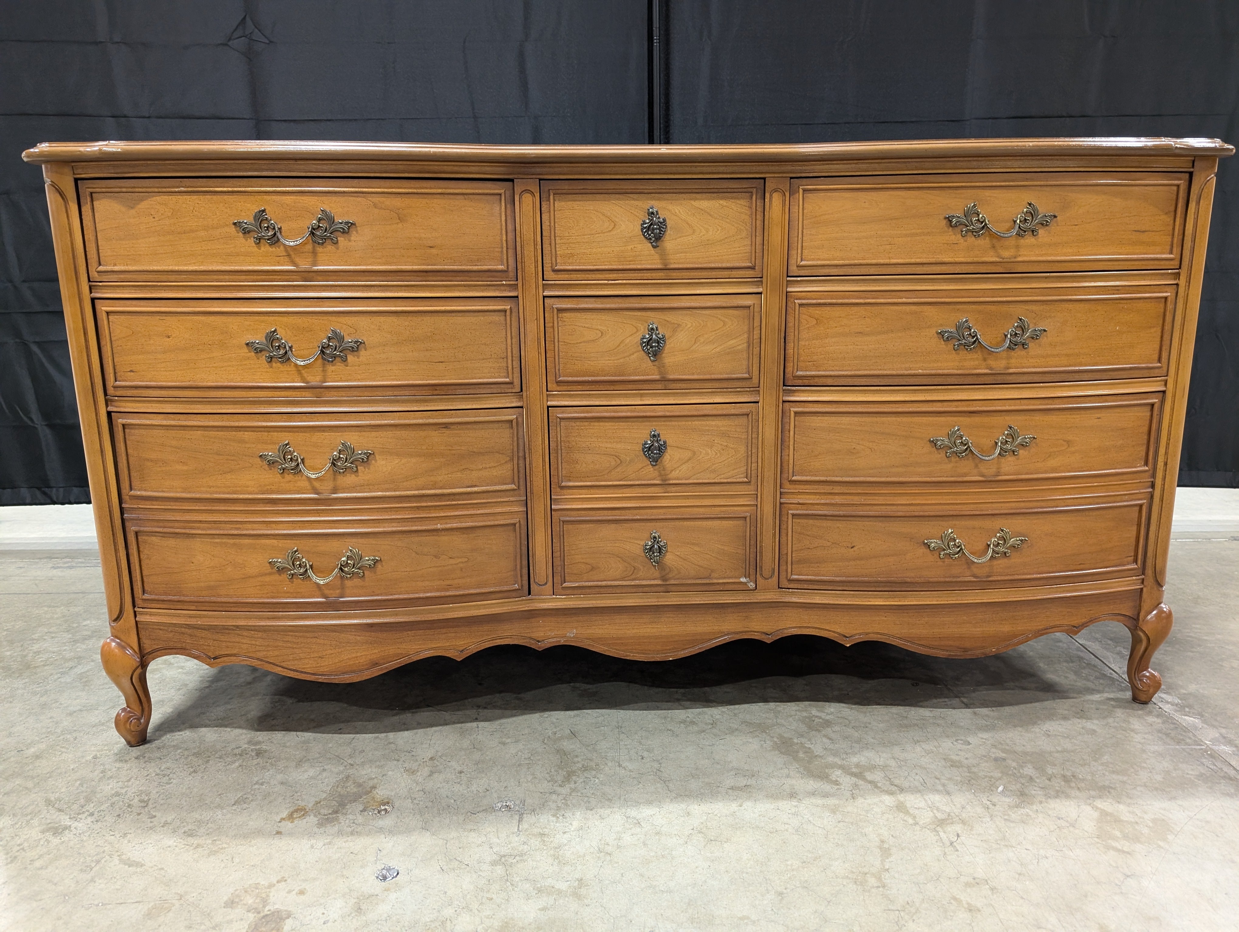 Vintage French Provincial Nine-Drawer Wood Dresser