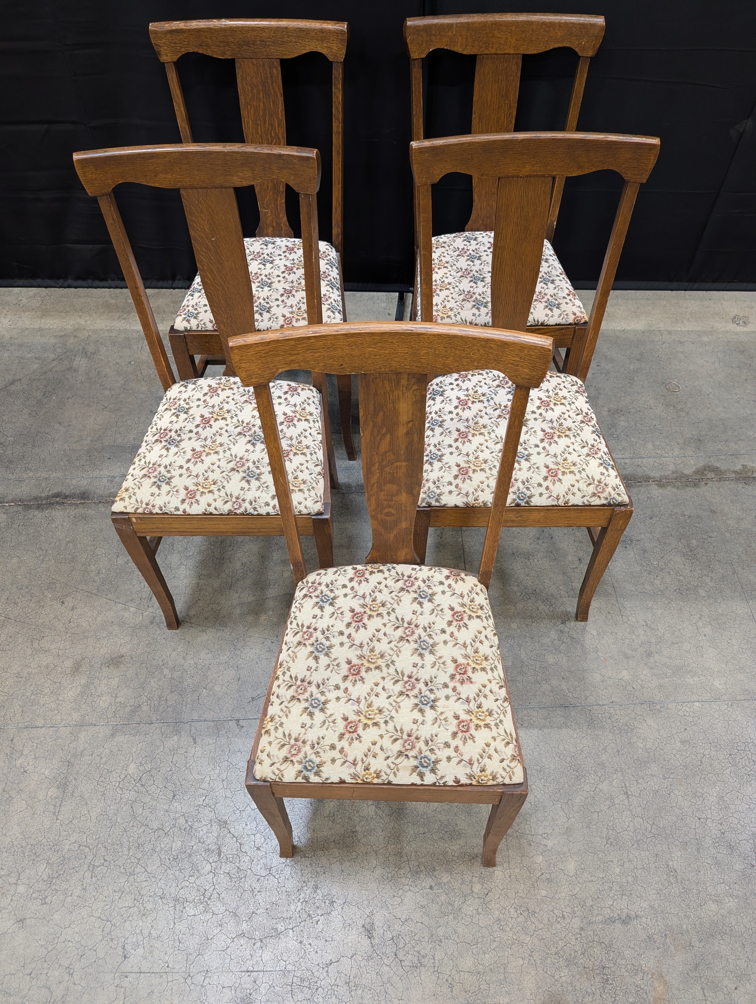 Set of Five Traditional Wooden Dining Chairs with Floral Upholstery
