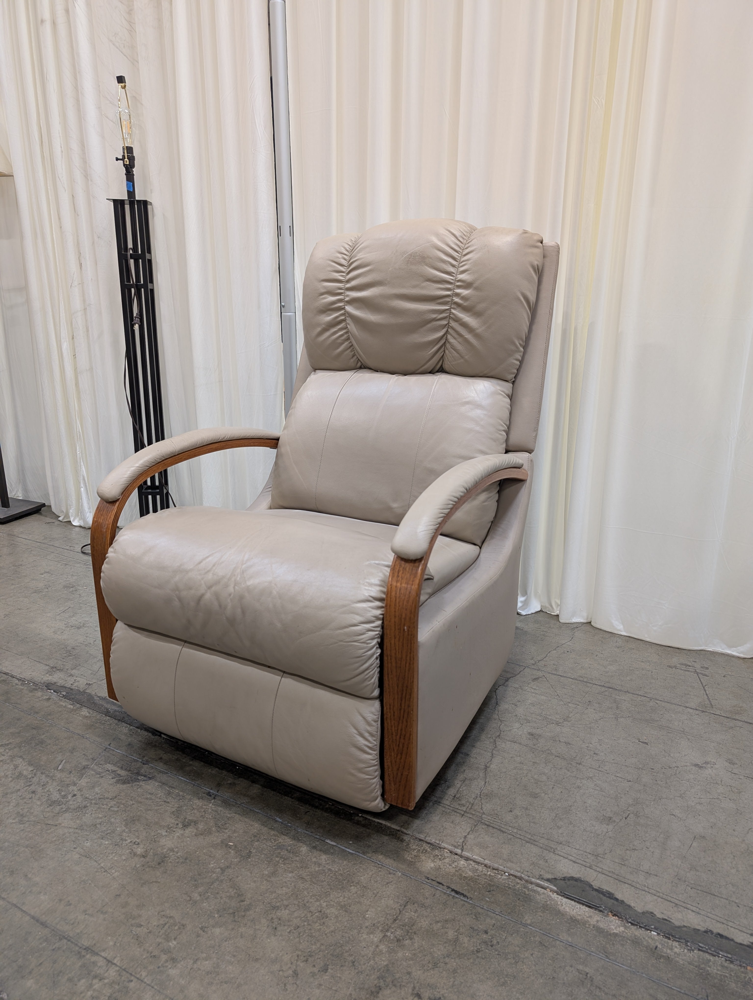 Grey Leatherette Recliner with Wood Trim