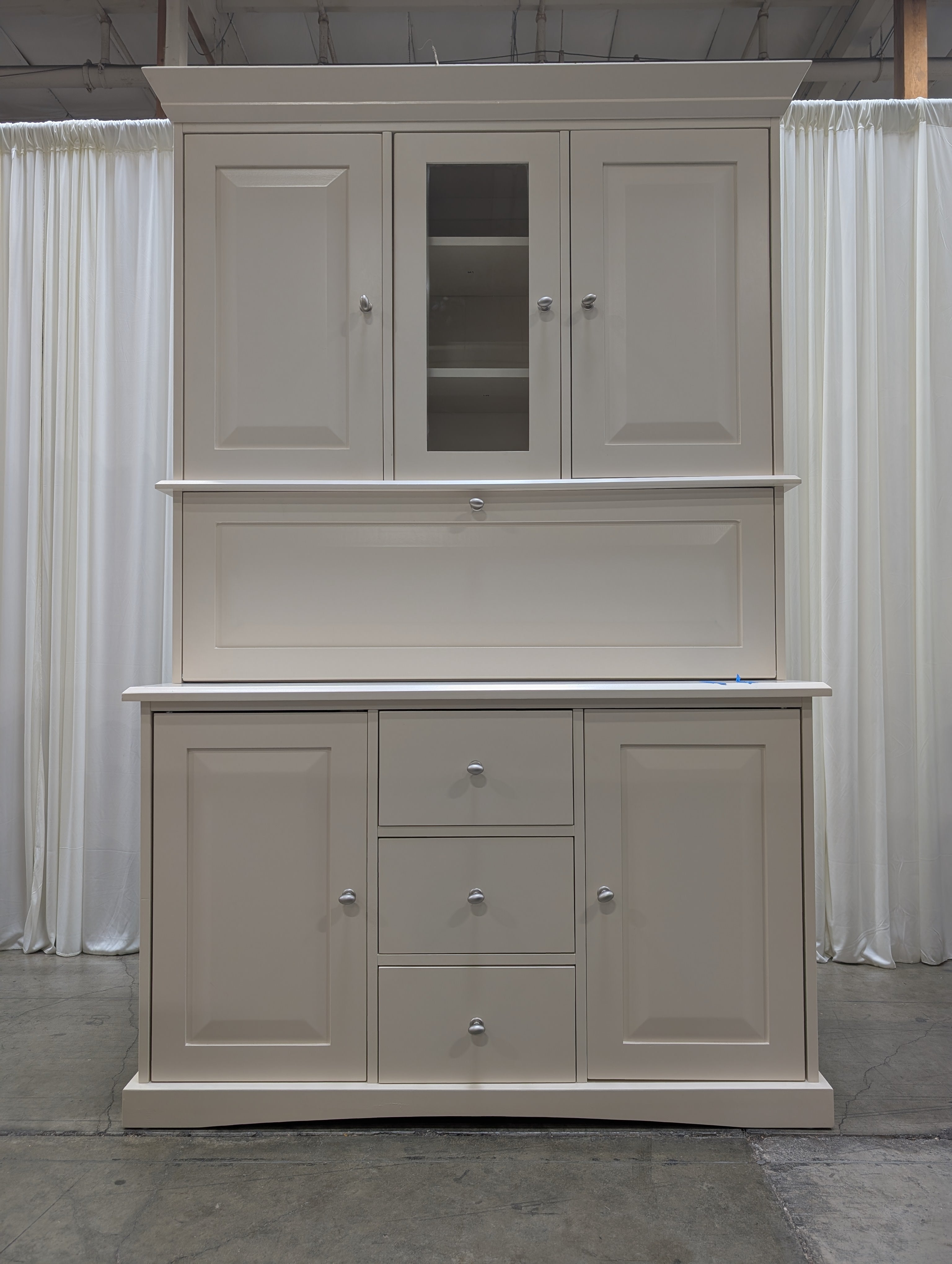 Cream Painted Wood China Cabinet with Crown Molding