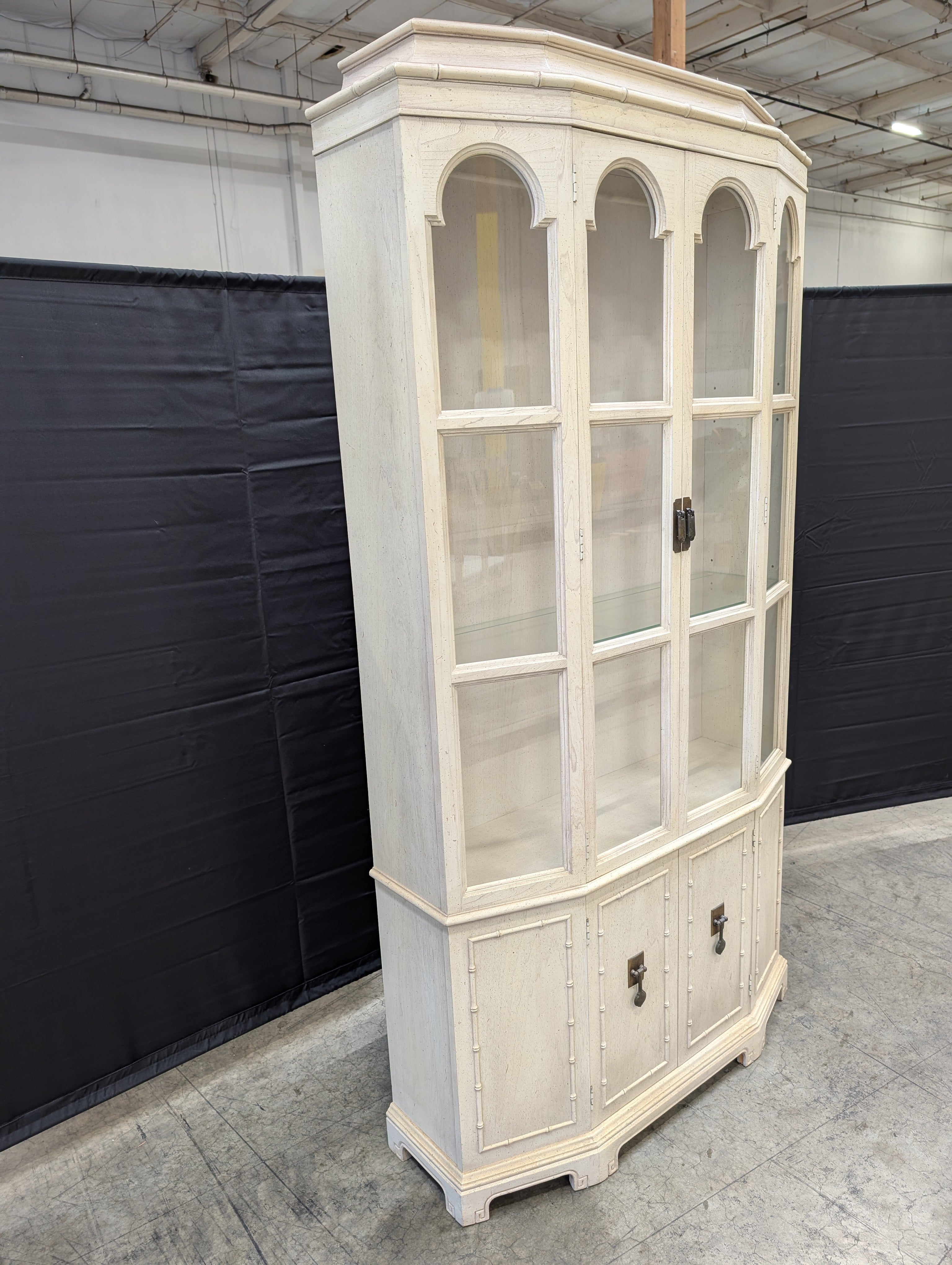 Distressed White Wood Display Hutch with Arched Glass Doors