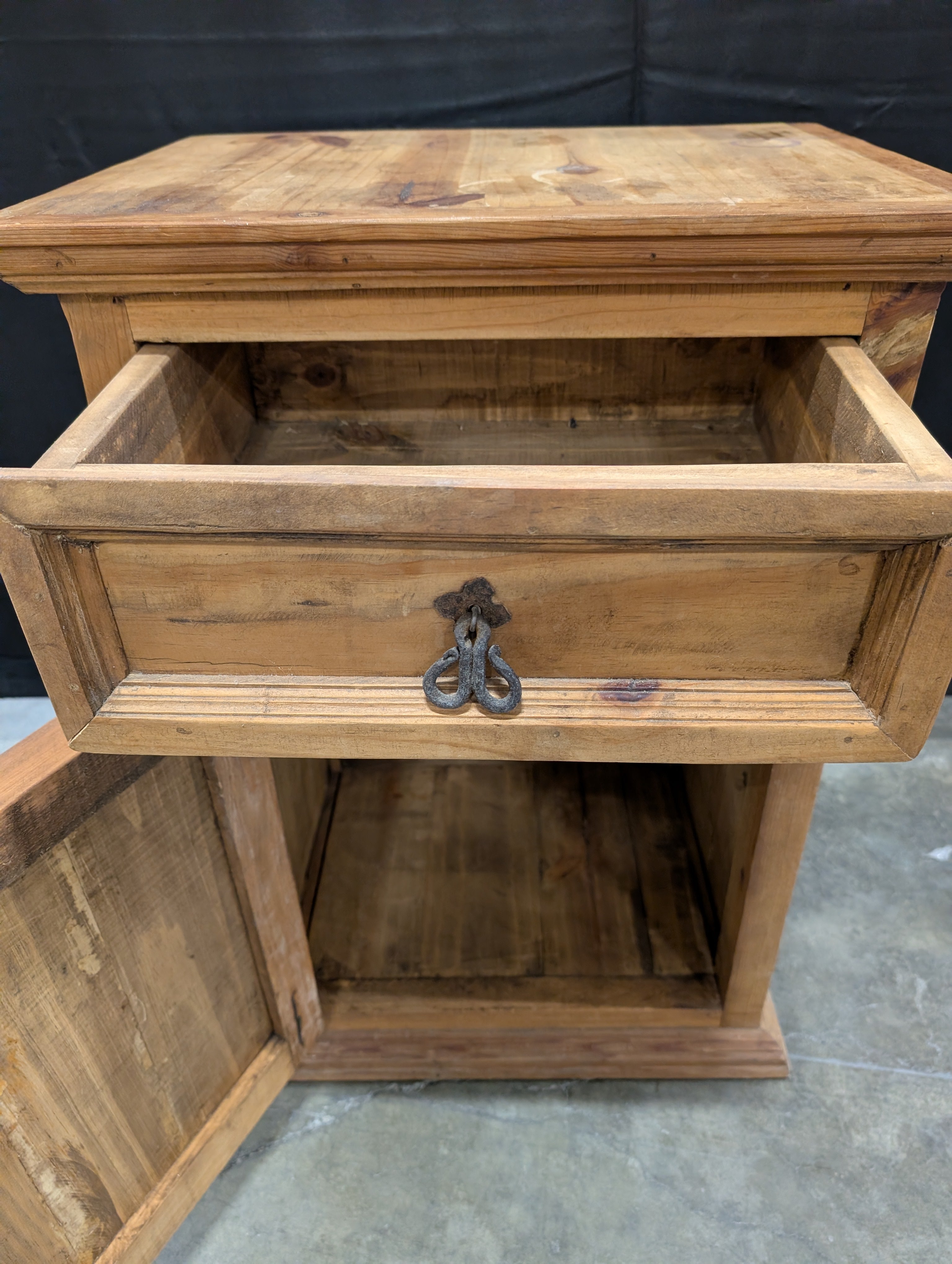 Rustic Wood Nightstand with Decorative Metal Hardware