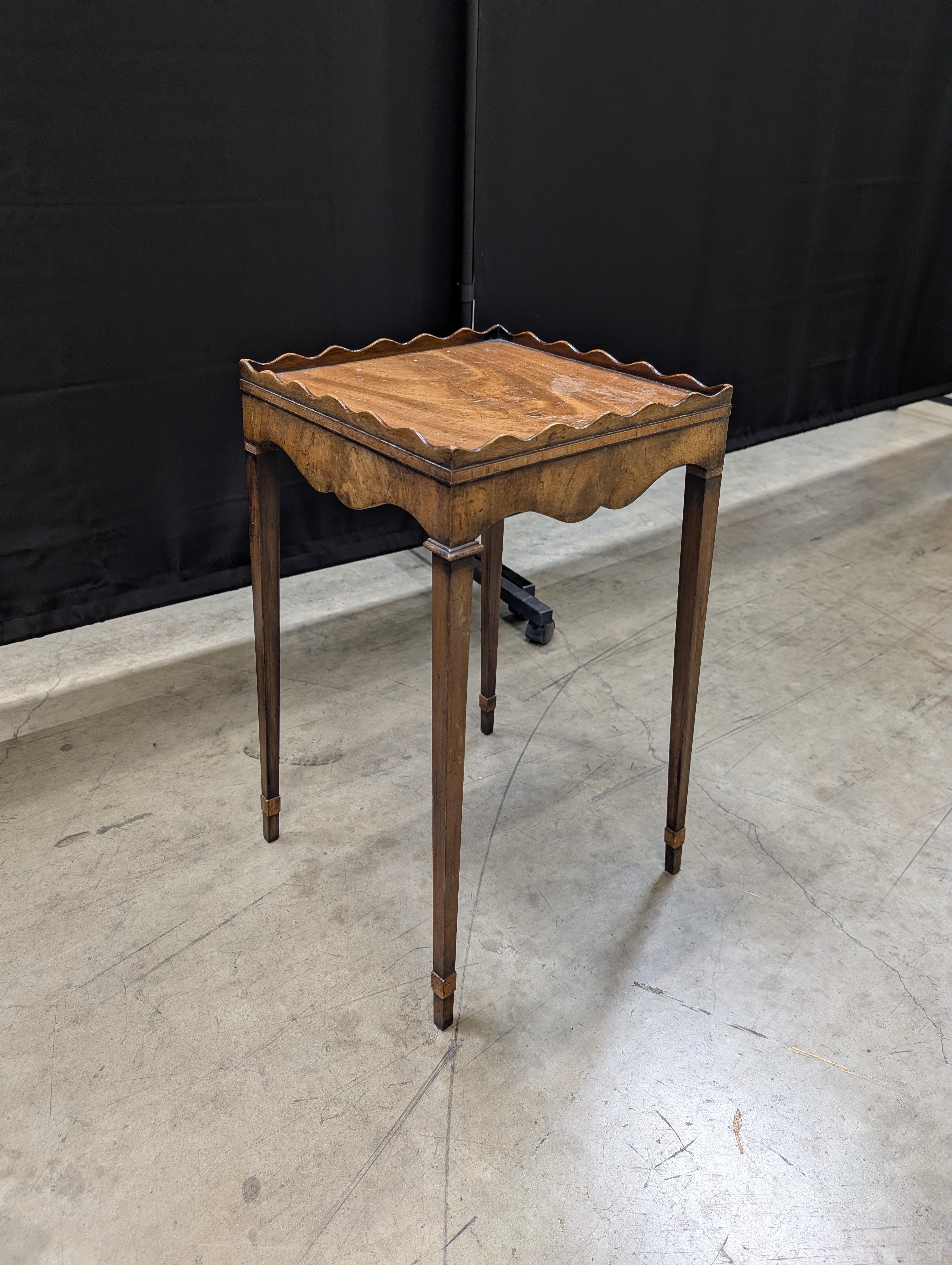 Vintage Brown Wood Side Table with Scalloped Tray Top