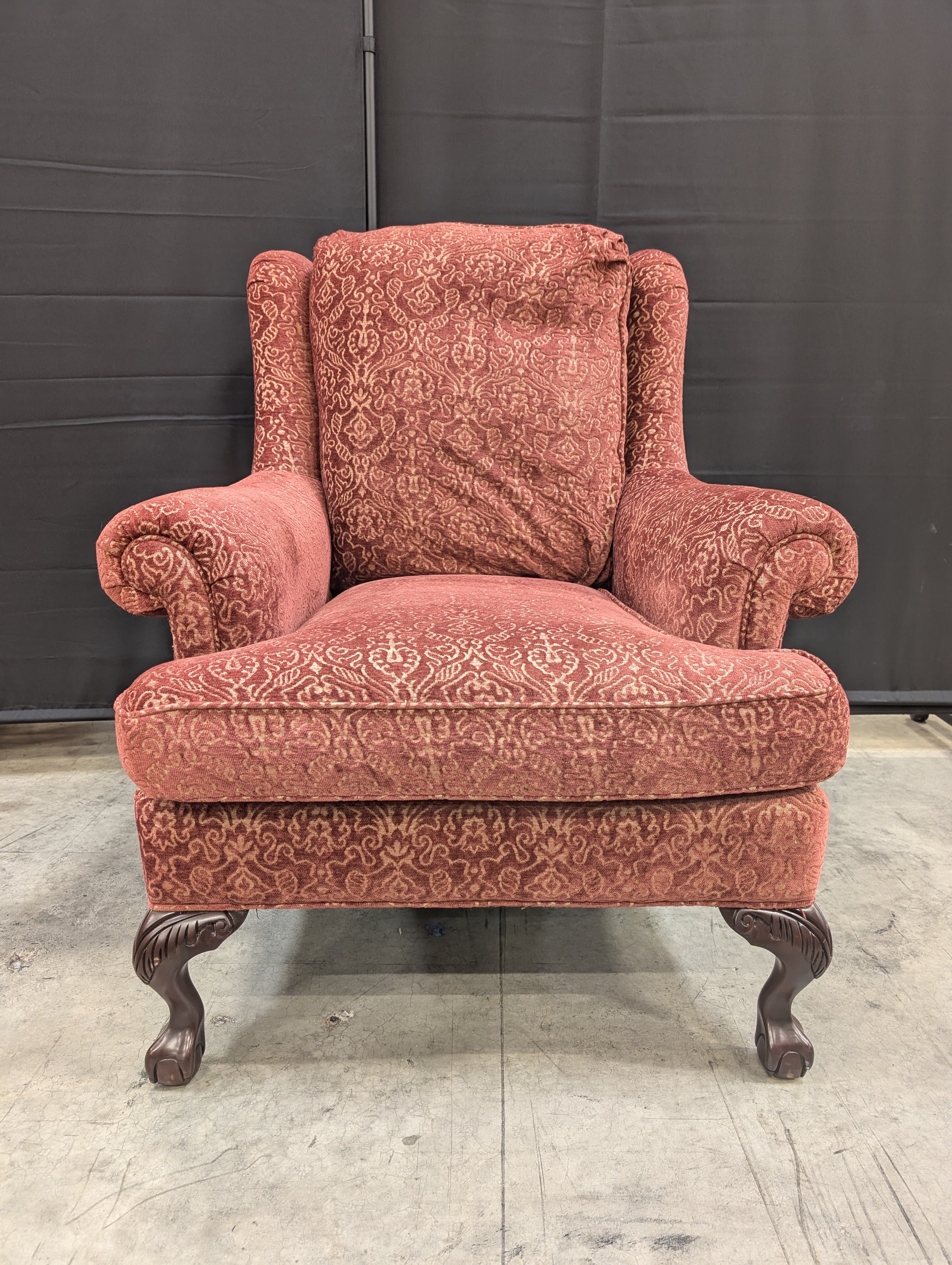 Burgundy Wingback Jessica Charles Armchair with Carved Legs