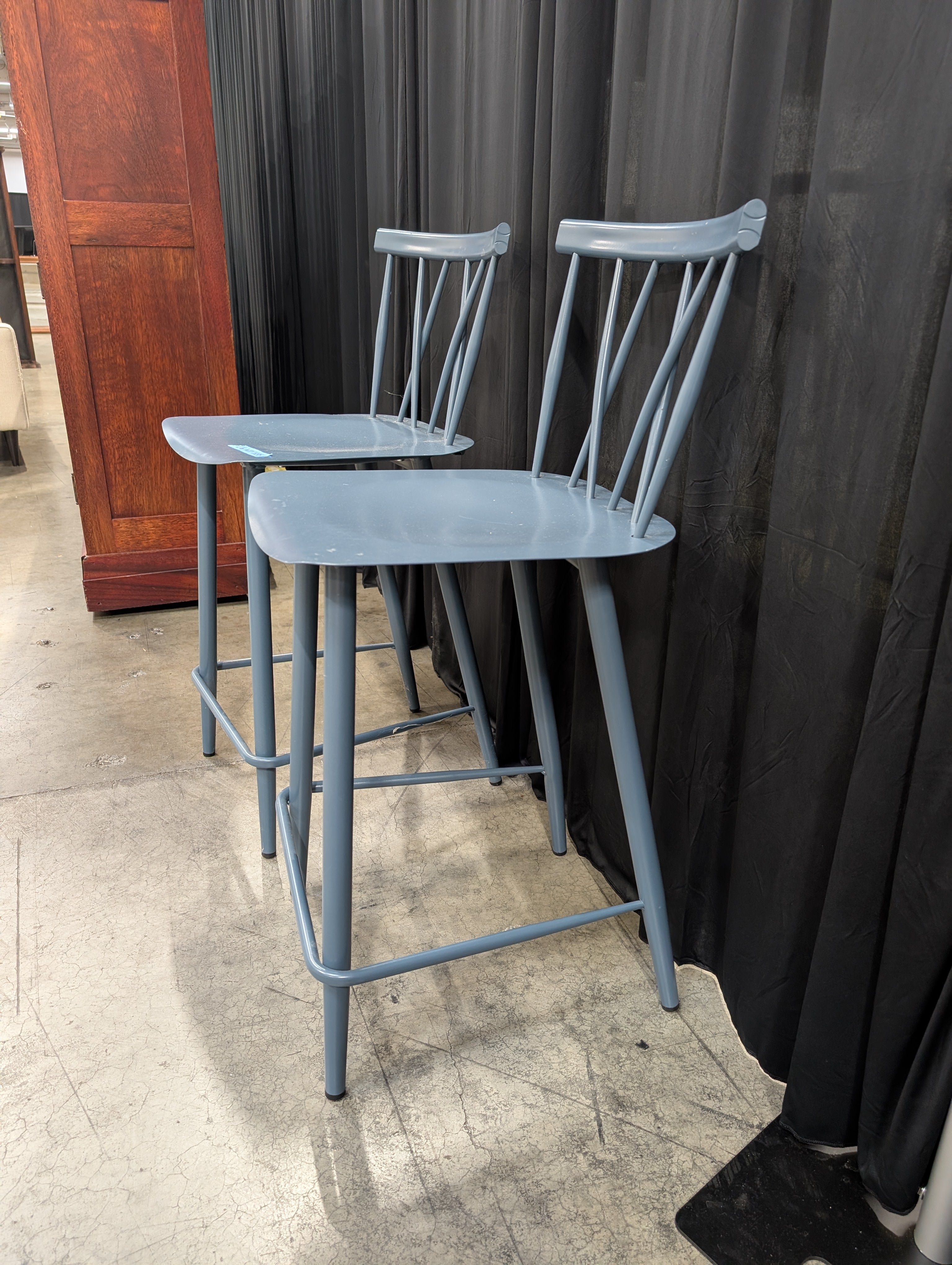 Pair of Blue Metal Cross-Back Bar Stool