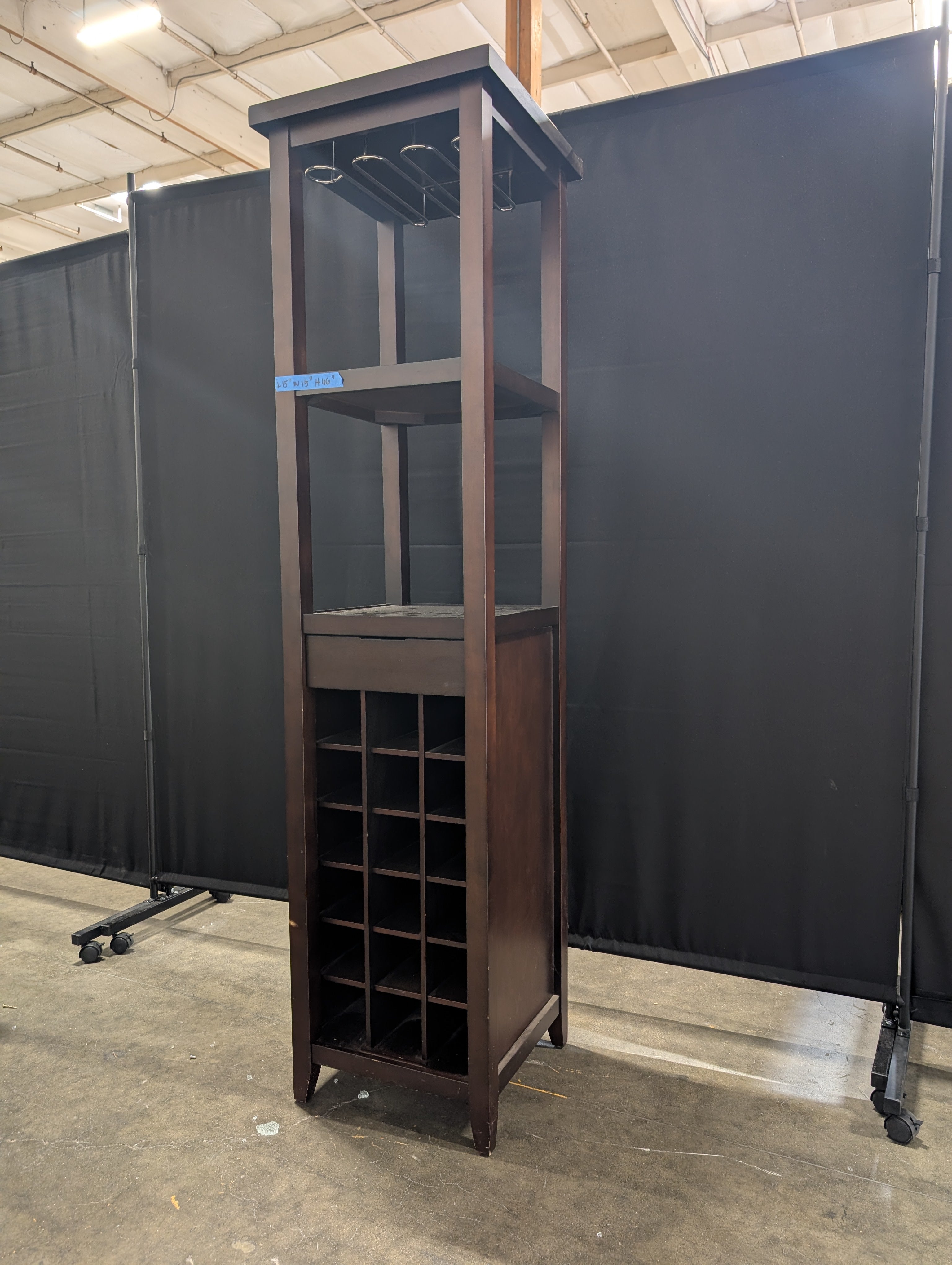 Dark Wood Freestanding Bar Cabinet with Glass Rack