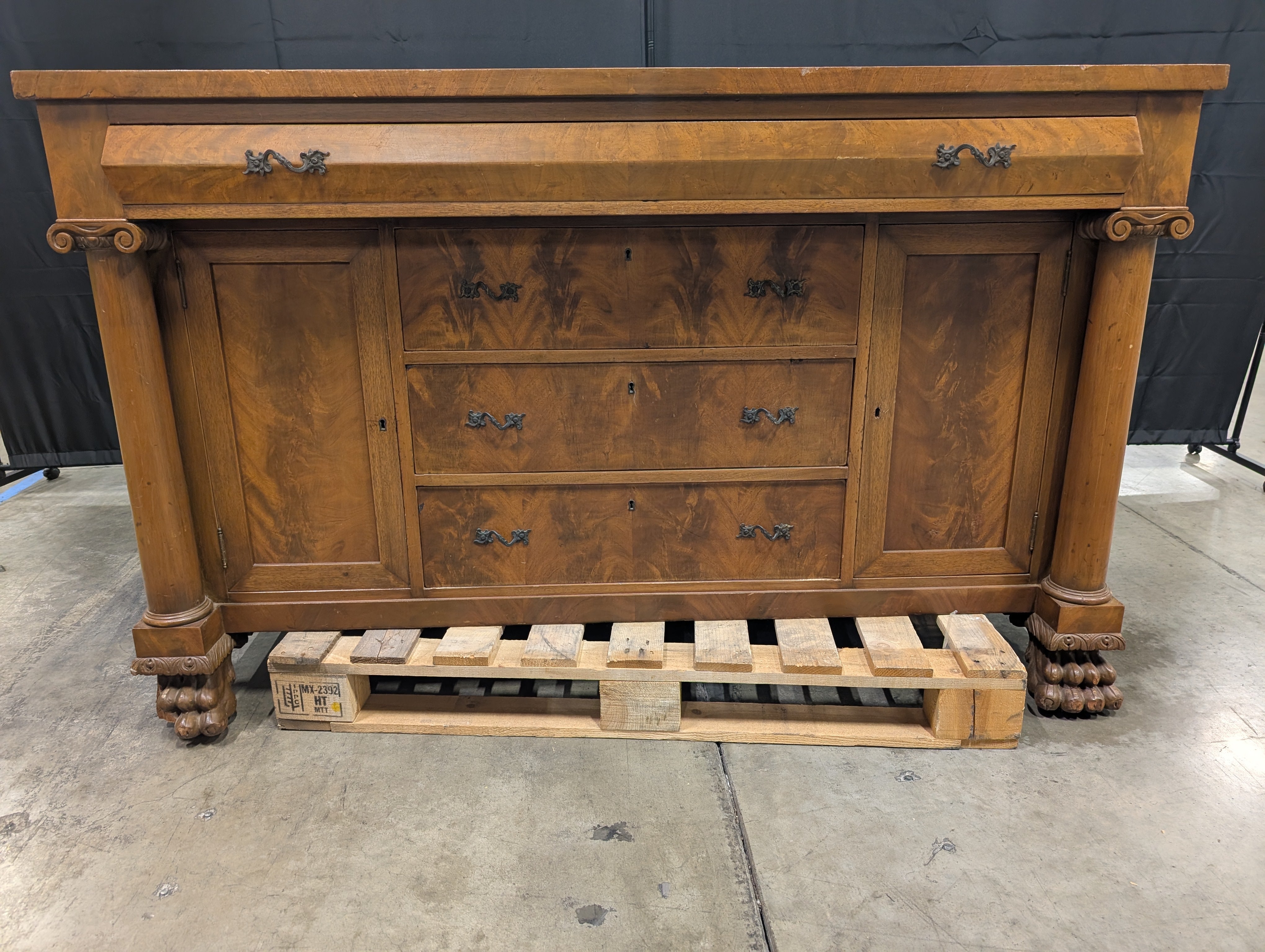 Vintage Wood Sideboard with Ornate Hardware and Fluted Columns