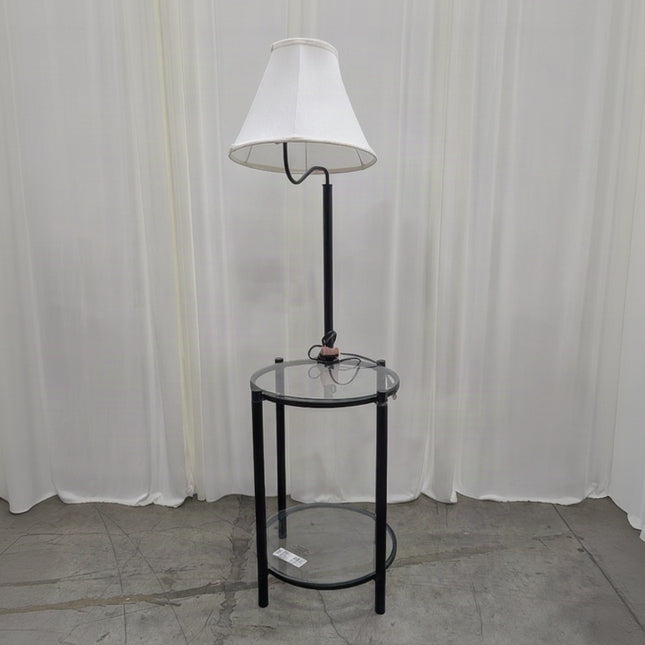 Black Metal Floor Lamp with White Shade Round Glass End Table