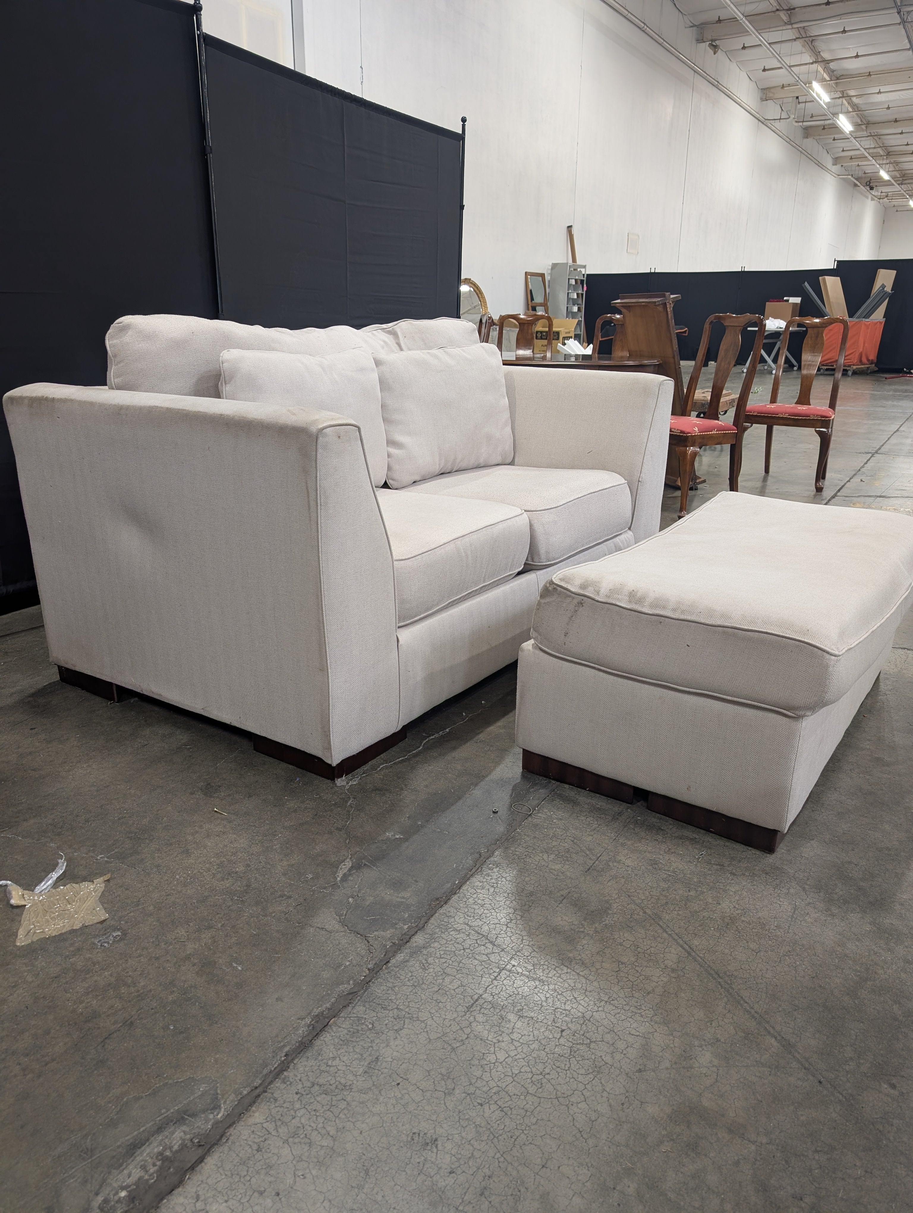 Light Beige Fabric Loveseat and Ottoman